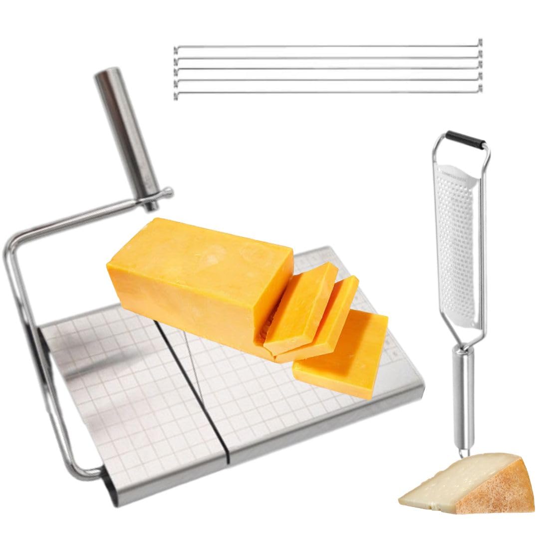 Premium Handheld Cheese Cutter & Grater Set - Stainless Steel Wire Slicer for Block Cheese with Wooden Board + 5 Replacement Wires - Perfect for Kitchen, Charcuterie Boards & Party Platters