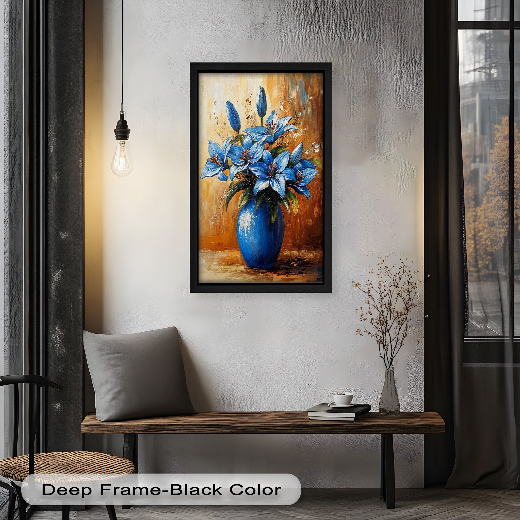 Azure Blossoms in Blue Vase - Hand-Painted Floral Oil Canvas Artwork for Living Room Decor | Wall Art for Home & Office