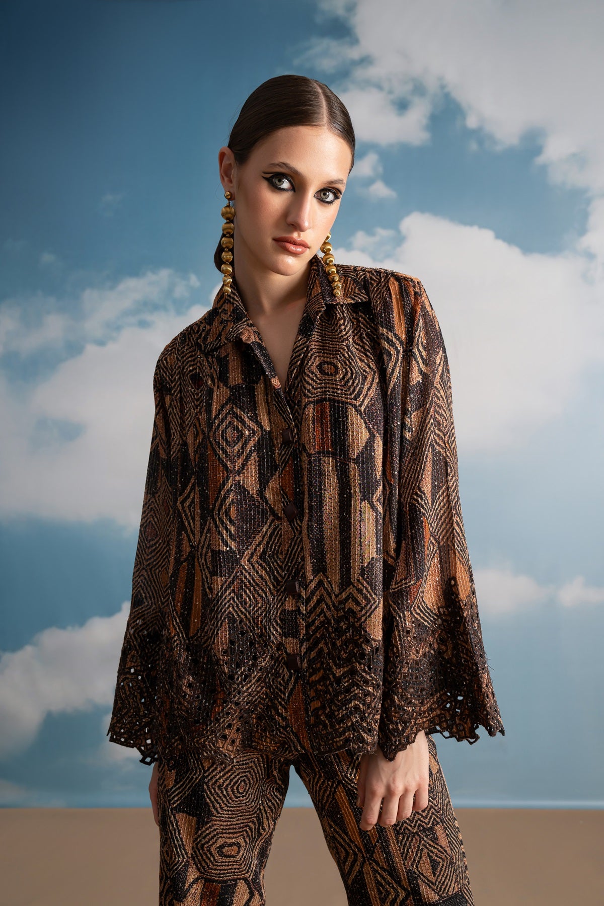 Stylish Brown Geometric Print Cutwork Co-Ord Set for Women | Trendy Matching Outfit | Perfect for Casual Wear, Date Nights & Summer Vacations