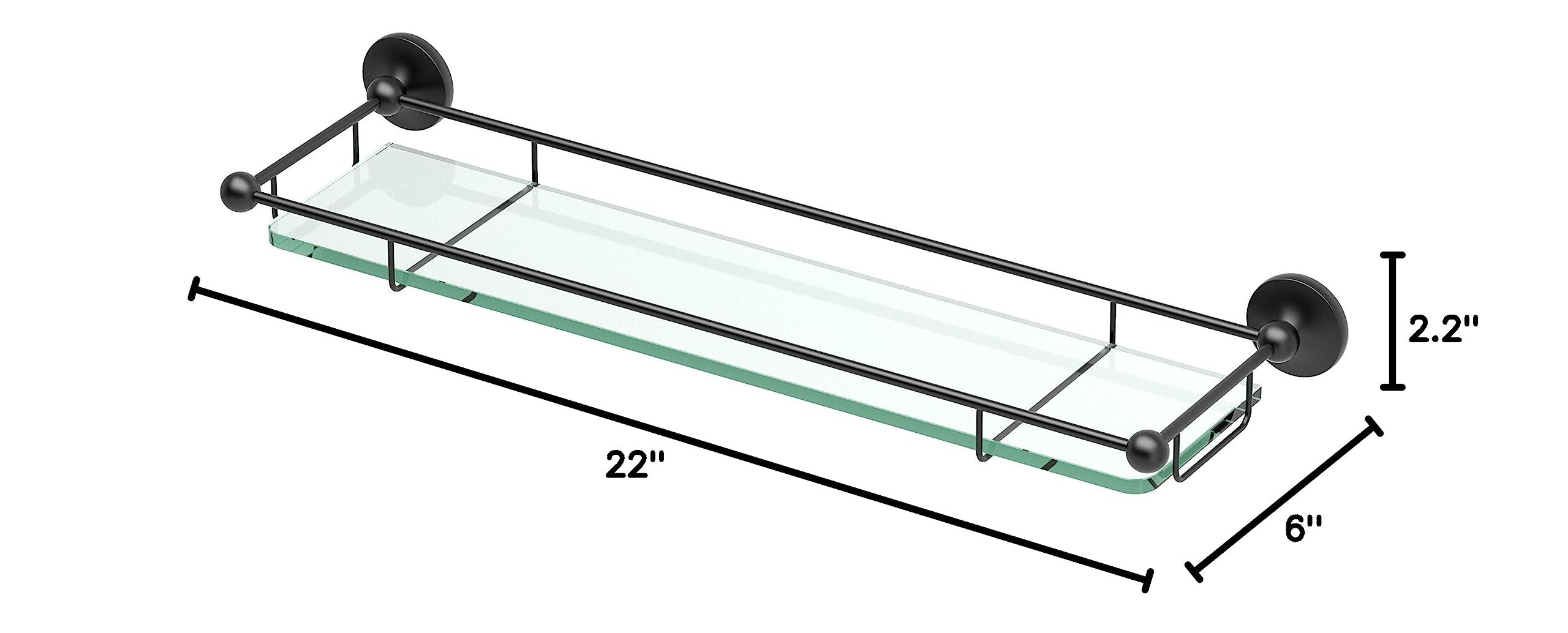 Gatco 1465MX Premier Tempered Glass Shelf - Matte Black Wall Mounted 22x6 Inch Floating Bathroom Shelf with Safety Railing | Modern Bathroom Storage Solution for Towels, Toiletries & Decor