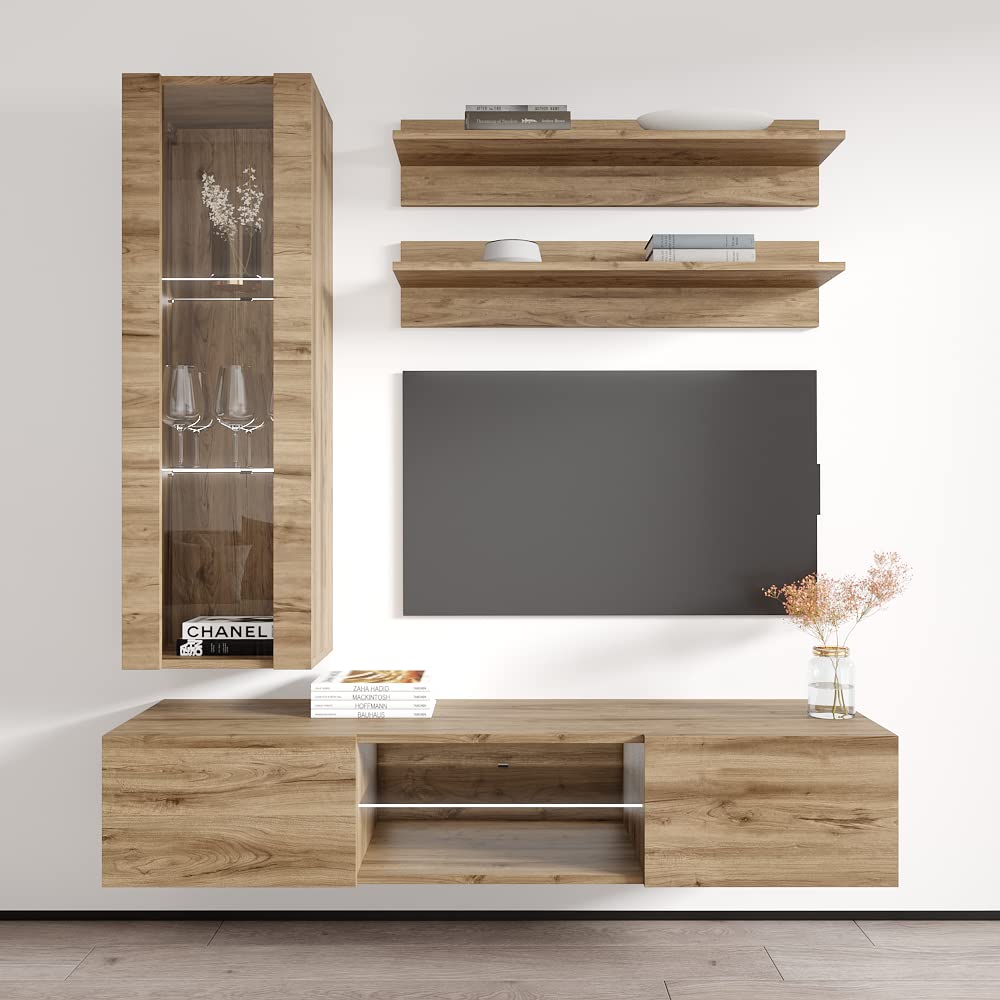 Modern Floating TV Stand with Storage & LED Lights - Wall-Mounted Entertainment Center for Bedroom & Living Room - Oak Wood TV Console with Shelves - Perfect for Small Spaces & Home Theater Setup