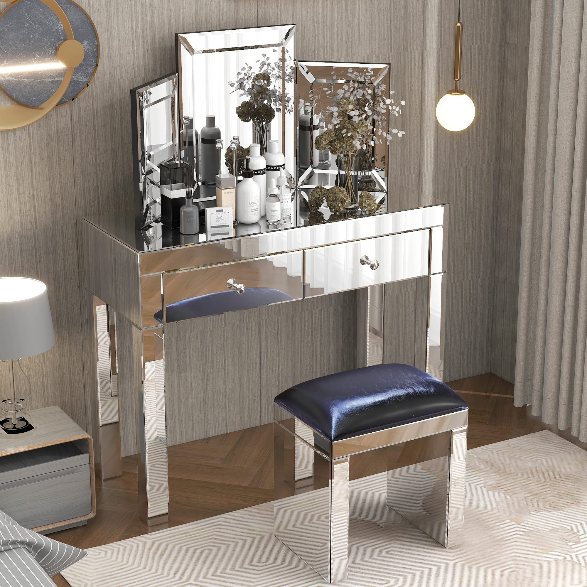 Modern Mirrored Console Table with 2 Drawers - Vanity Dressing Desk for Makeup | Sofa Side Table & Entryway Hallway Furniture | Perfect for Women's Bedroom, Home Office & Living Room Decor