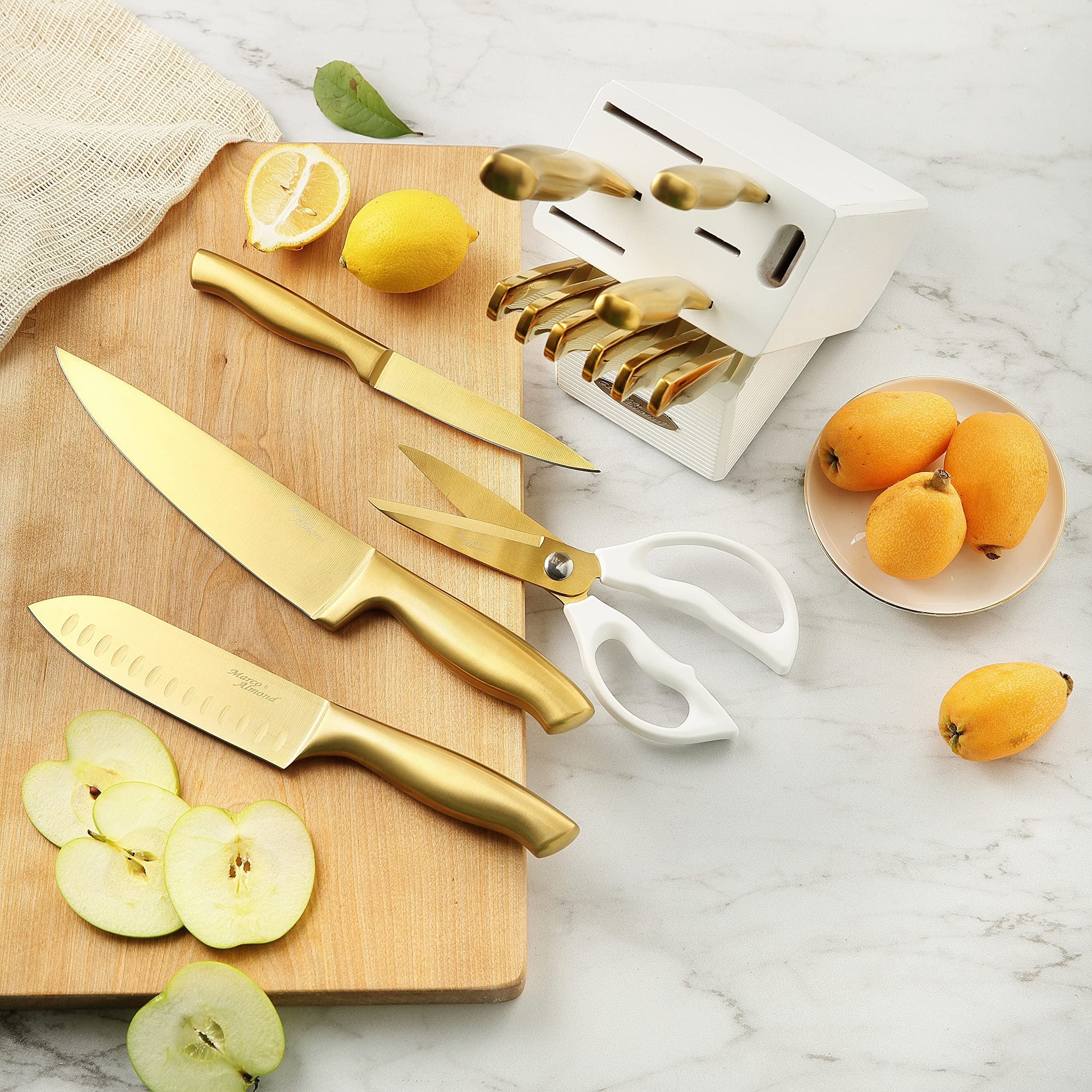 KYA23 14-Piece Golden Titanium Knife Set with Acrylic Stand - Premium Marco Almond MA21 Kitchen Knives for Slicing, Dicing & Chopping - Perfect for Home Chefs & Professional Cooking