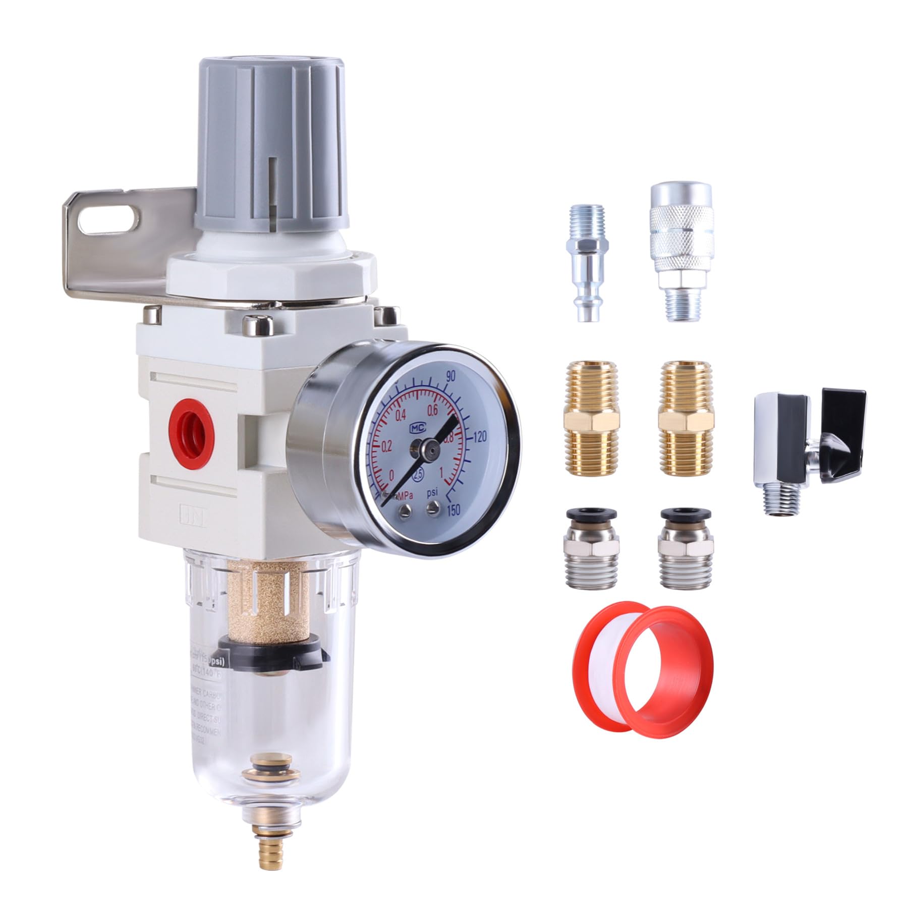 1/4 Inch NPT Air Filter Regulator Combo with Water Separator & Semi-Auto Drain - 0-150 PSI Gauge for Air Compressor Systems - Ideal for Pneumatic Tools, Spray Painting & Industrial Applications