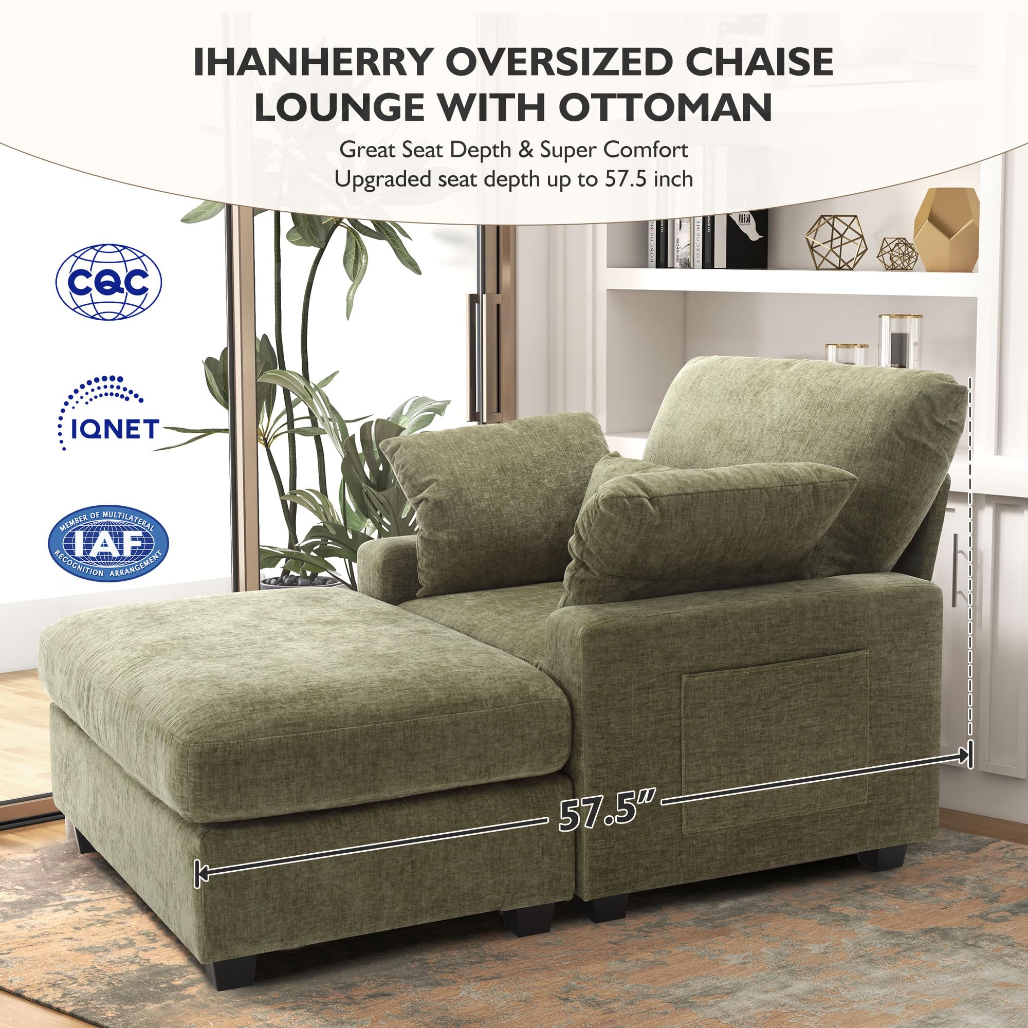 Ihanherry Oversized Chaise Lounge Chair with Ottoman - Chenille Upholstered Sleeper Sofa for Bedroom & Living Room (Green) - Perfect for Relaxing & Napping