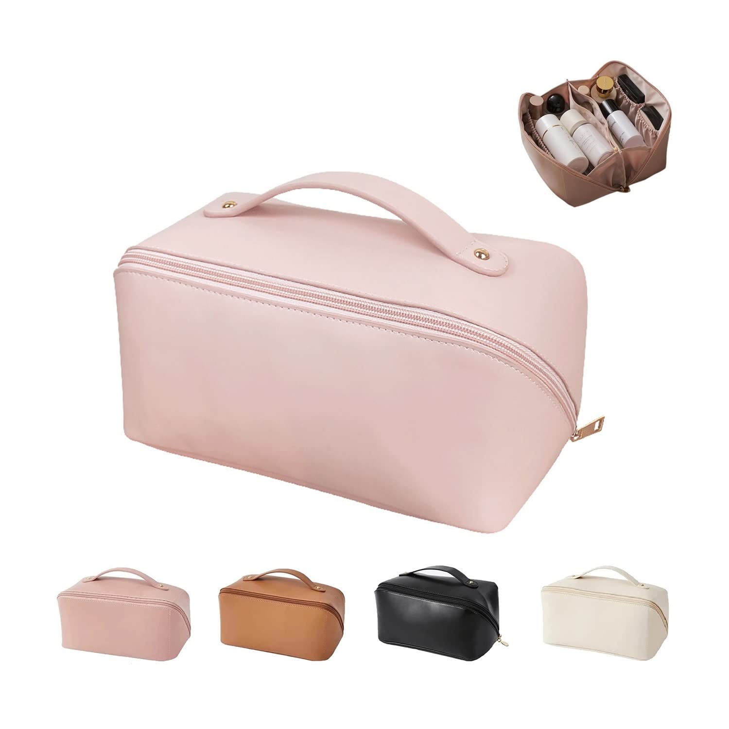 2024 Premium Large-Capacity Leather Makeup Bag - Waterproof Travel Cosmetic Organizer with Handle & Multiple Compartments for Skincare, Cosmetics & Toiletries | Perfect for Vacation, Gym & Daily Use (Pink)