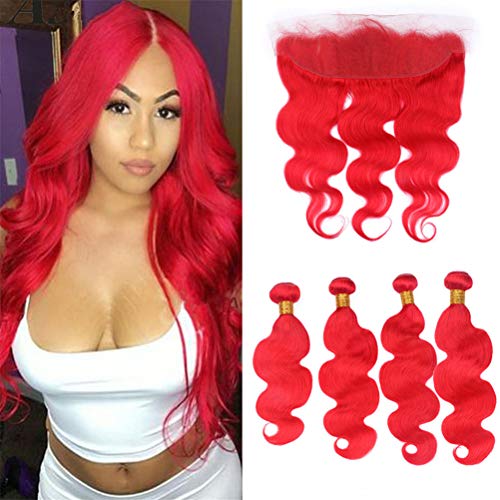 Zara Hair Bright Red Brazilian Human Hair Extensions - 4 Bundles with Frontal Closure, Body Wave Wavy Virgin Hair (10,12,12,12,12) 5Pcs Set | Perfect for Parties, Weddings & Daily Styling