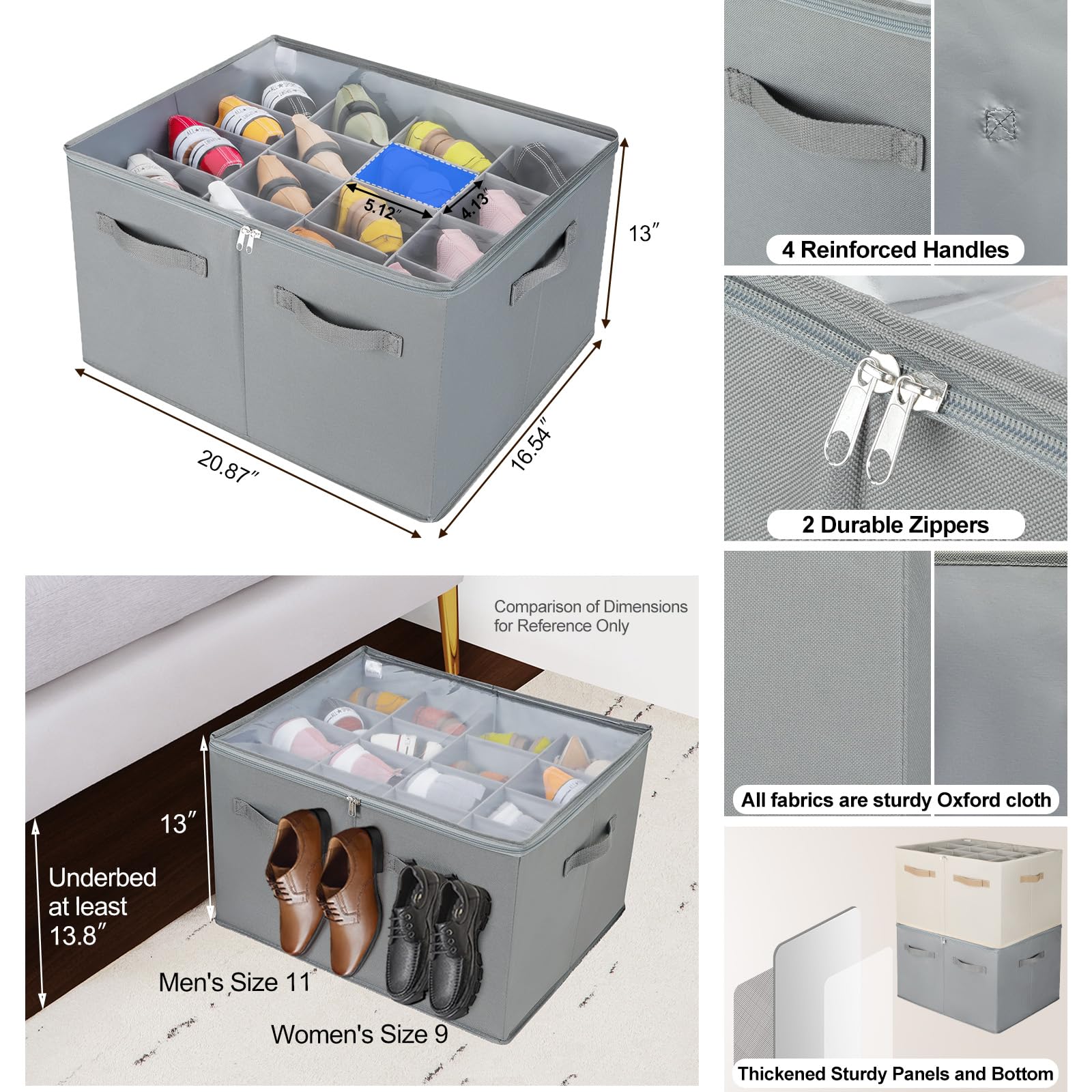 Foldable Shoe Organizer for Closet - Adjustable Dividers & Clear Cover Storage Box | Space Saving Shoe Cabinet with Reinforced Handles (Fits 16 Pairs, Gray) | Perfect for Bedroom, Entryway & Dorm Organization (Model TP09G)