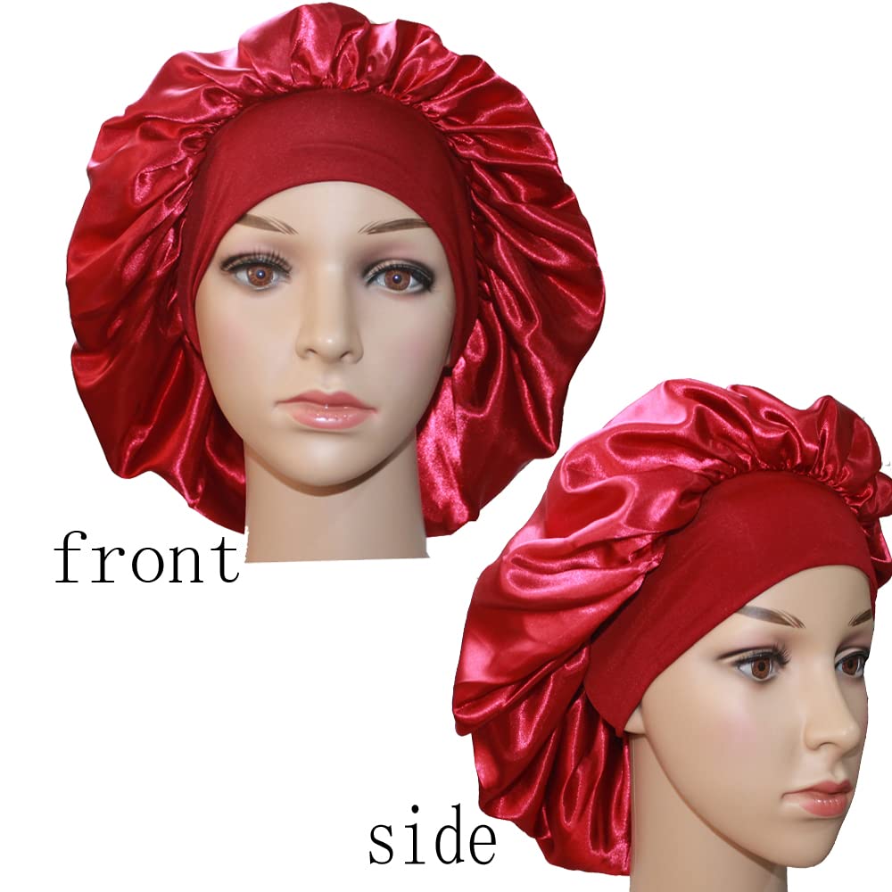 VEYRNEIC Satin Sleep Bonnet for Women - Silk Night Cap with Wide Elastic Band for Braids, Curls & Natural Hair - Shower & Chemo Cap - Includes Satin Storage Bag (Wine Red) | Perfect for Nighttime, Travel & Hair Protection