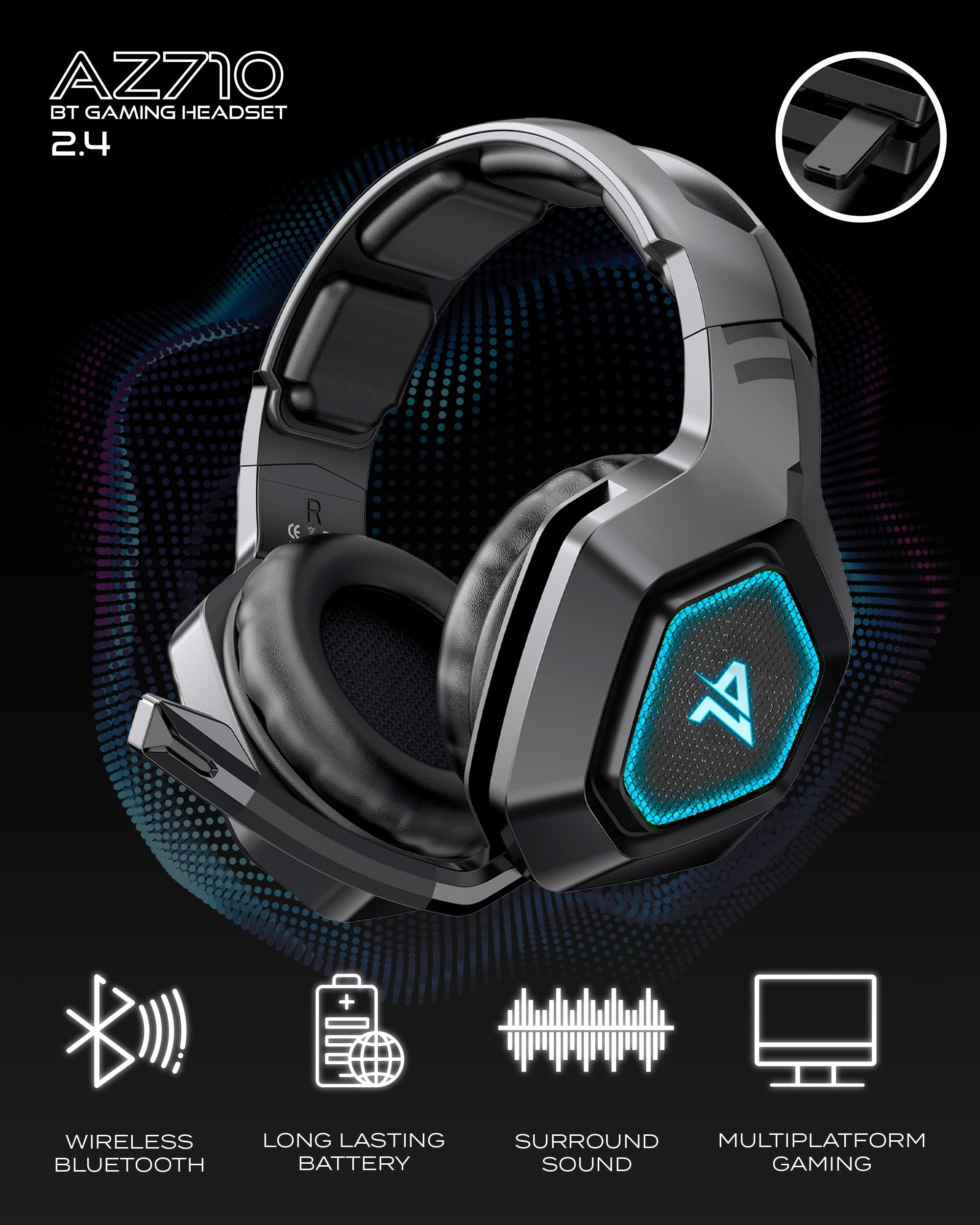 Aimzone Wireless Gaming Headset with Noise Canceling Mic - Bluetooth & 2.4GHz Dual Mode, 7.1 Surround Sound, Memory Foam Earcups, LED Lights for PC/PS5/Xbox/Switch/Mobile Gaming (Black) - Perfect for Competitive Gaming & Late-Night Sessions