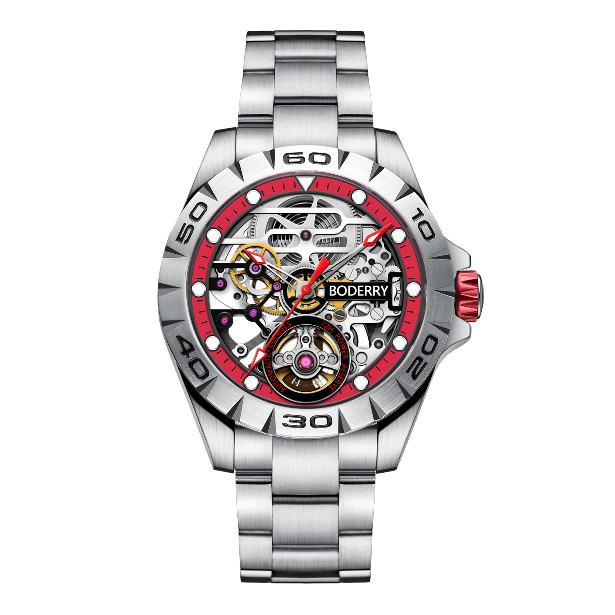 BODERRY Men's Skeleton Watch - 72H Power Reserve Automatic Self-Winding Mechanical Watch with Luminous Hands, Stainless Steel Case & Genuine Leather/Rubber Strap - Perfect for Business, Casual Wear & Gift Giving