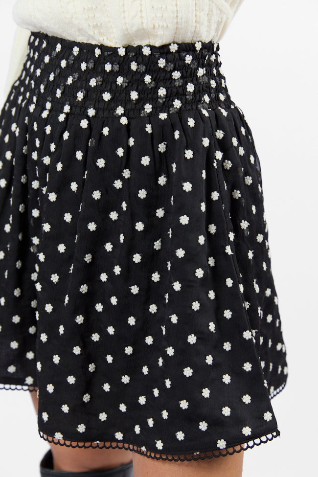 Through The Garden Black Floral Eyelet Trim Mini Skort - Women's Stylish Skirt Shorts for Summer, Casual Outfits & Garden Parties
