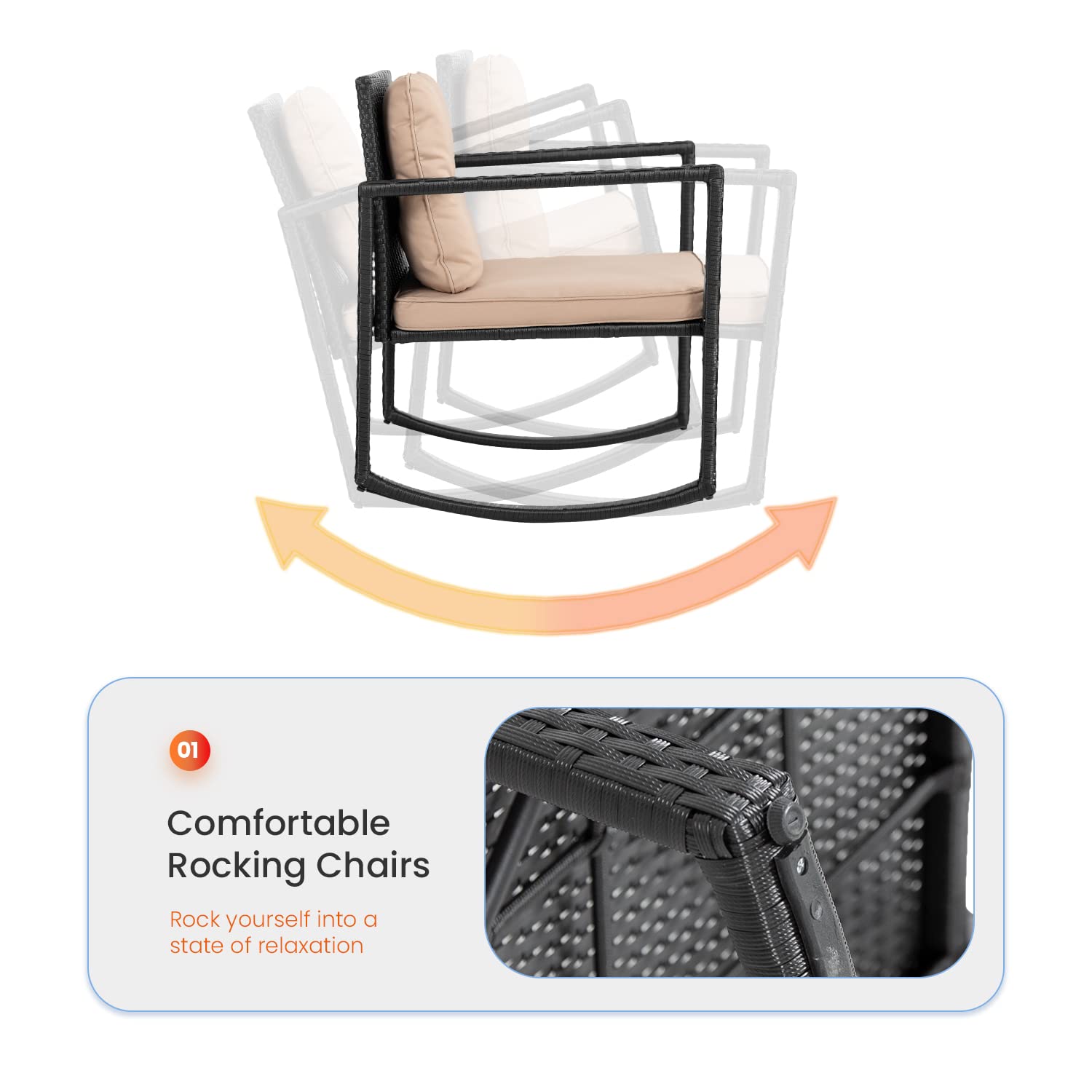 PayLessHere 3-Piece Patio Rocking Bistro Set - Wicker Rattan Chairs with Glass Coffee Table - Outdoor Furniture for Porch, Yard, Backyard, Garden or Cafe | Perfect for Relaxing, Entertaining & Dining Al Fresco