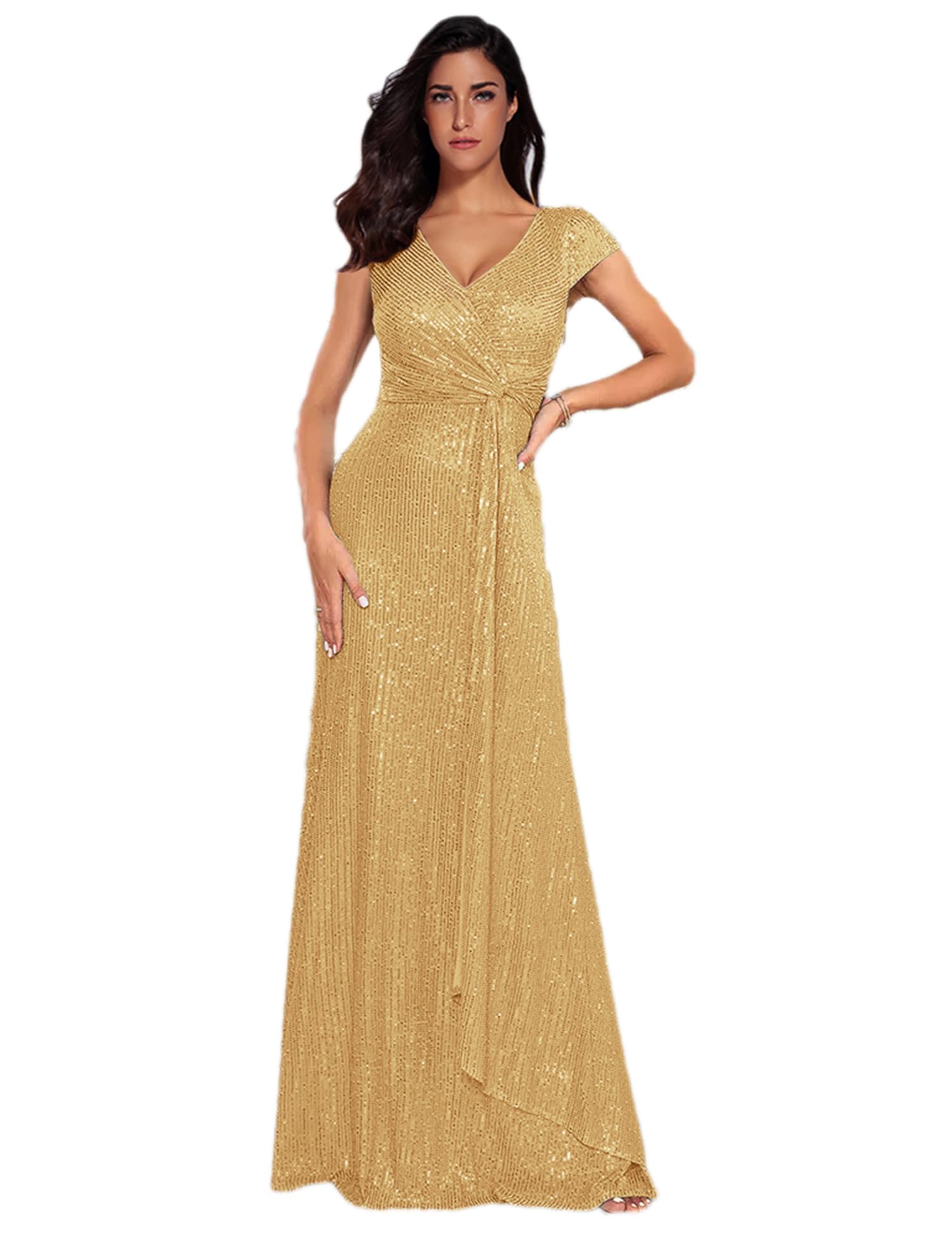 Meilun Women's Sparkly Sequin V-Neck Maxi Dress - Elegant Short Sleeve Formal Gown for Evening Parties, Prom, Weddings & Special Occasions
