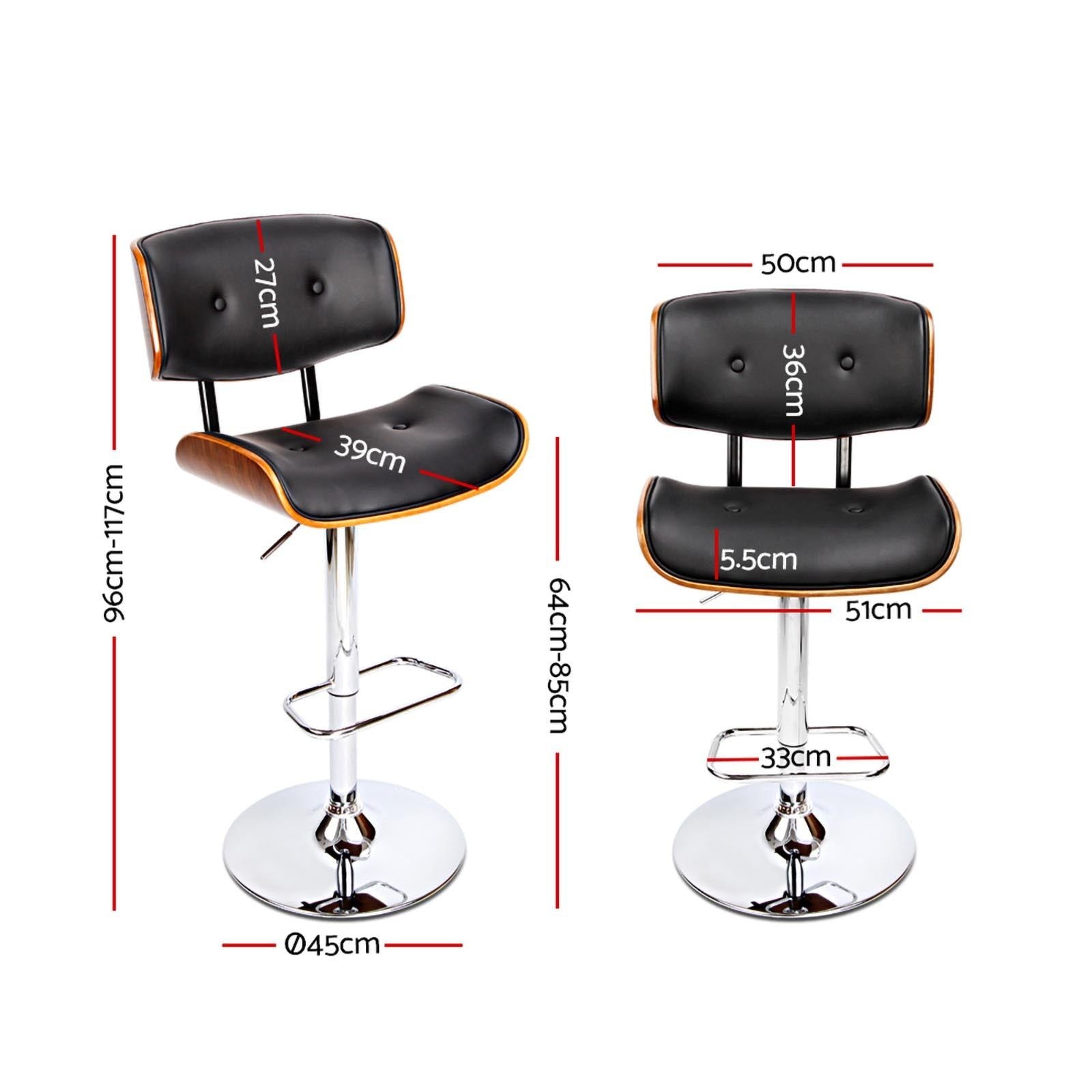 Adjustable Height 2-Pack Black Leather Bar Stools with Gas Lift Mechanism - Perfect for Kitchen Islands, Bars, and Home Decor
