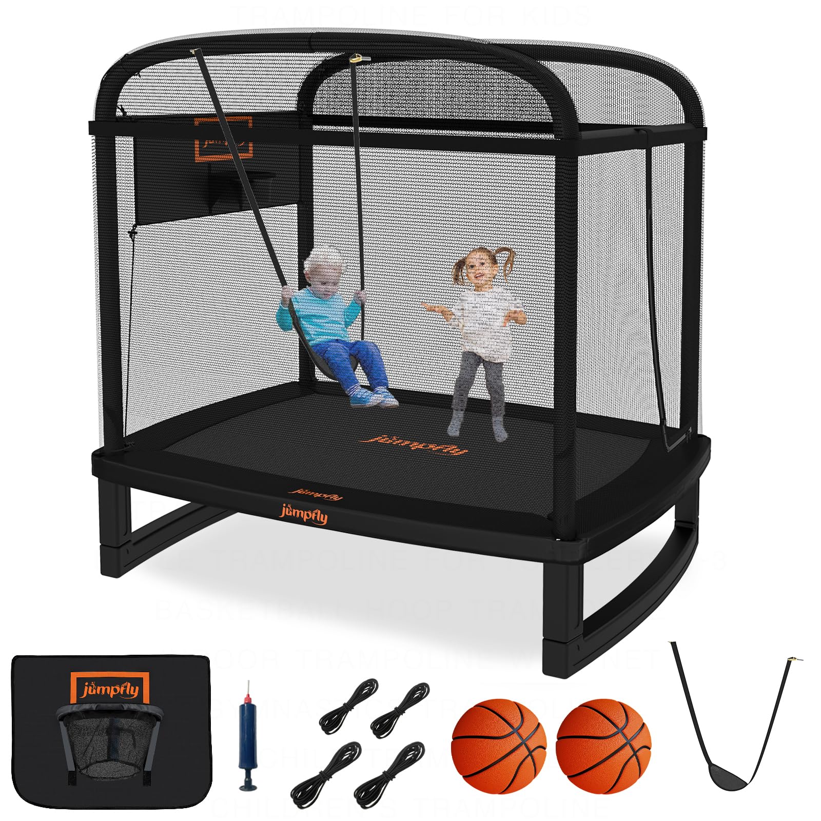 JumpFly 6FT Kids Trampoline with Swing & Basketball Hoop - ASTM Approved Mini Trampoline for Toddlers Age 3+ | Indoor/Outdoor Rectangle Trampoline with Safety Enclosure | Perfect for Backyard Play, Exercise & Birthday Gifts