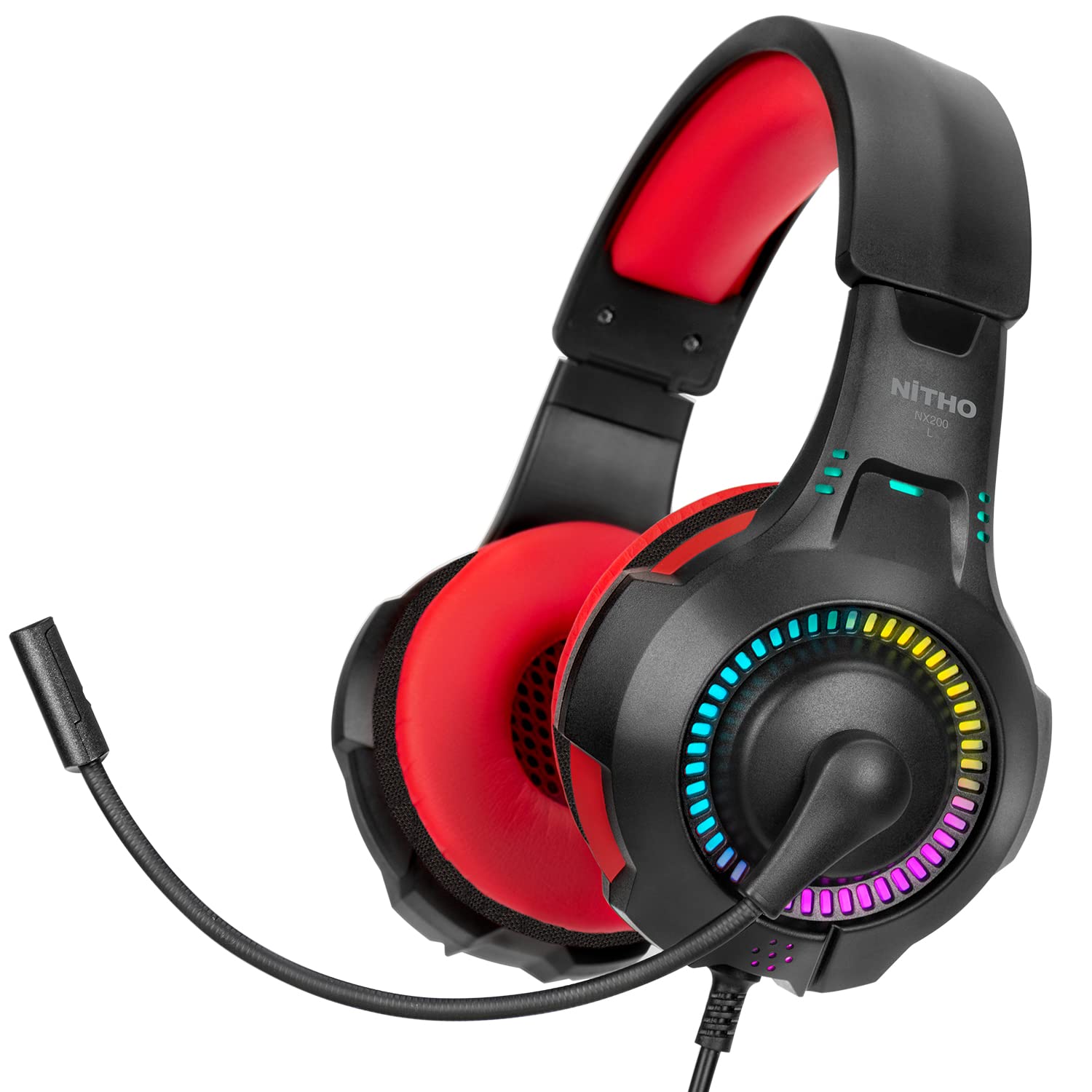 NITHO NX200 Gaming Headset for PC, PS4, PS5, Xbox, Mobile & Tablet - Stereo Surround Sound Headphones with Flip-Up Microphone, RGB Lighting (Red) - Perfect for Online Gaming, Streaming & Video Calls