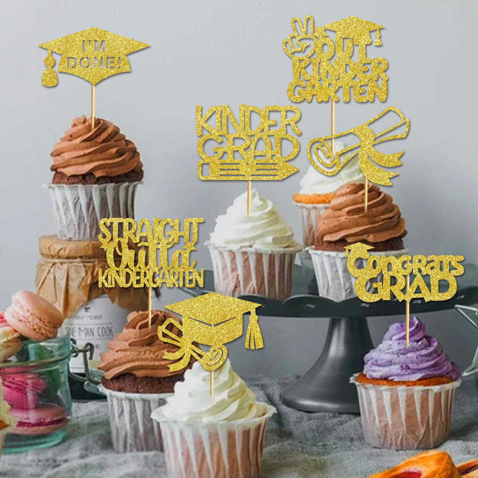 24Pcs Gold Kindergarten Graduation Cupcake Toppers - Graduation Party Decorations, Cake Picks for Kids, Preschool Celebration Supplies - Perfect for School Parties, Classroom Events & End of Year Celebrations