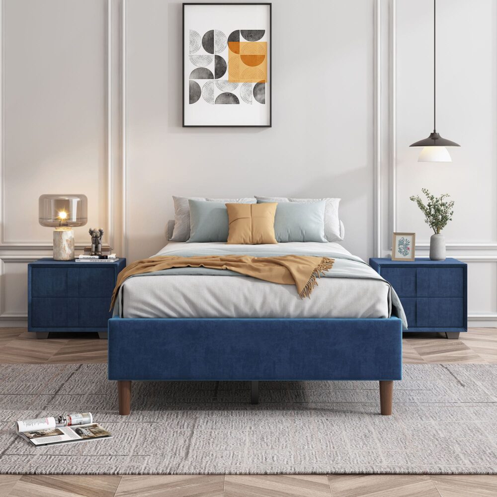 Alexandra Queen Bed Frame with Upholstered Velvet Headboard - Luxurious Blue Fabric - Perfect for Master Bedroom, Guest Room, or Apartment Decor