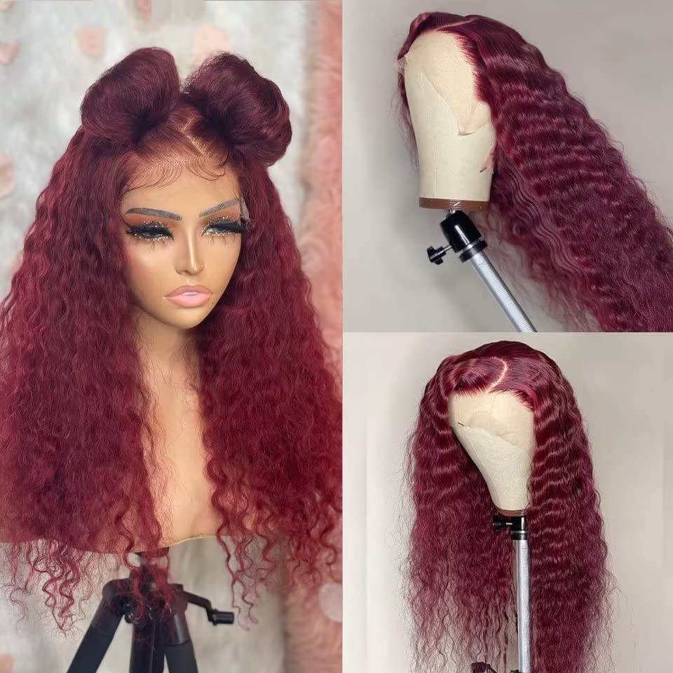 99J Colored Curly Lace Front Human Hair Wigs - 13X4 Deep Wave Burgundy HD Transparent Lace Frontal Wig - 150% Density Glueless Wine Red Wig for Women - Free Part Remy Curly Hair Wigs 26 Inch - Perfect for Cosplay, Daily Wear, and Special Occasions