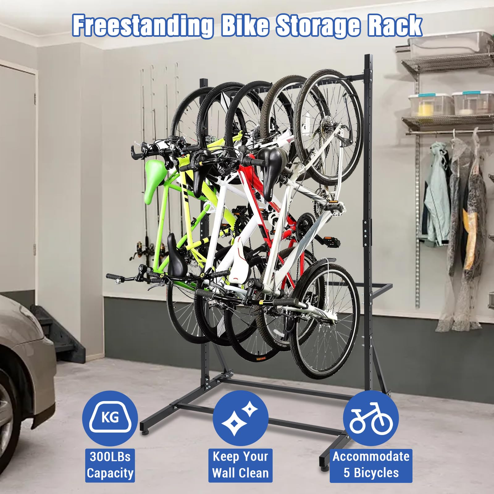 Heavy Duty Freestanding Bike Rack for 5 Bicycles - 300 lbs Capacity Vertical Bike Storage Stand with Adjustable Height - Indoor/Outdoor Use for Garage, Basement & Apartment Organization