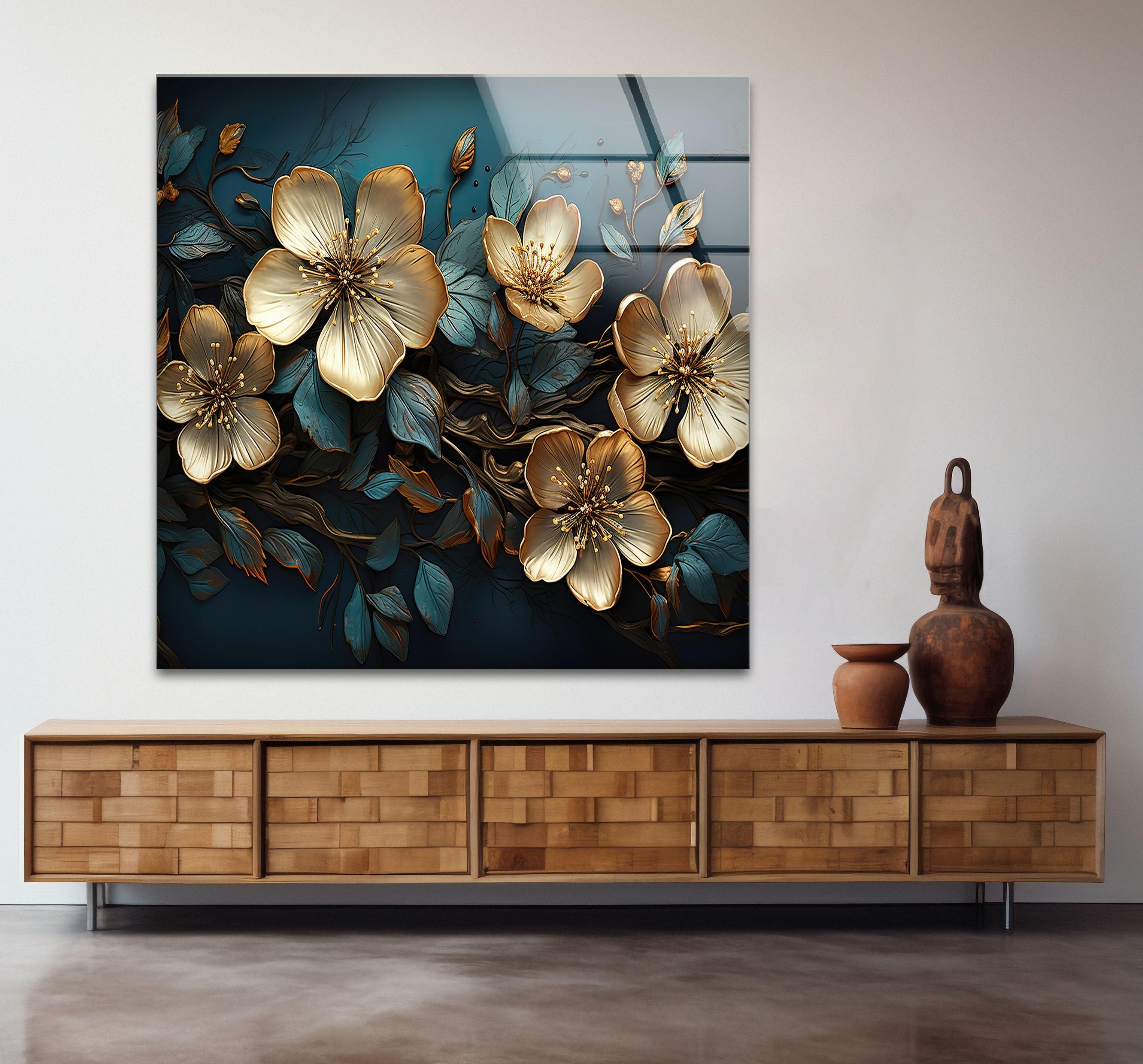 Beige & Blue Botanical Glass Wall Art - Elegant Home Decor for Living Room, Bedroom & Office - Perfect Gift for Housewarming & Wedding