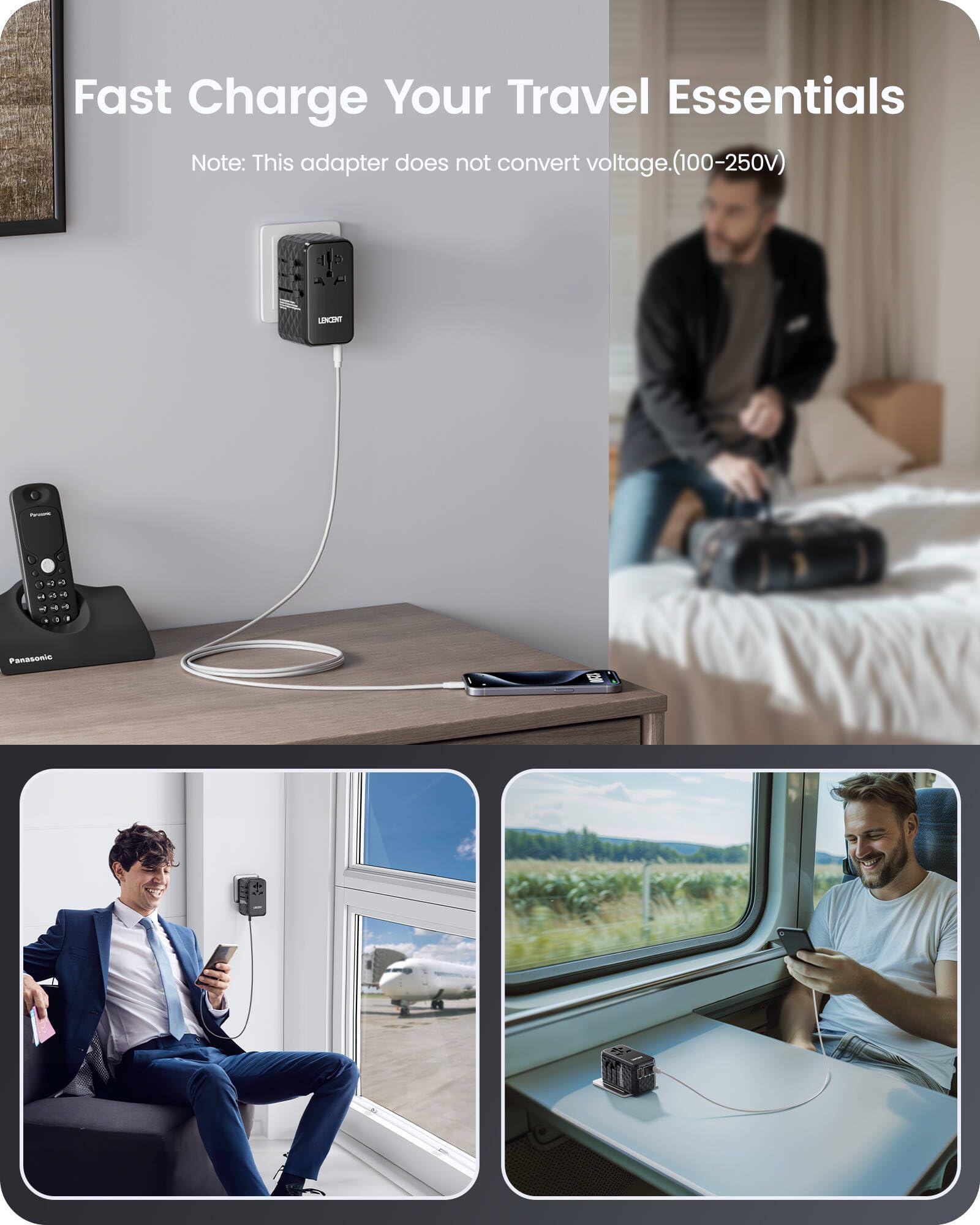 LENCENT 120W GaN Universal Travel Adapter with 4 Ports (1 USB-A & 3 USB-C) - Worldwide Fast Charger for iPhone, MacBook, Samsung, Laptops - Compatible with US/UK/EU/AU Plugs - Perfect for Business Travel, Vacation & International Trips (Black)