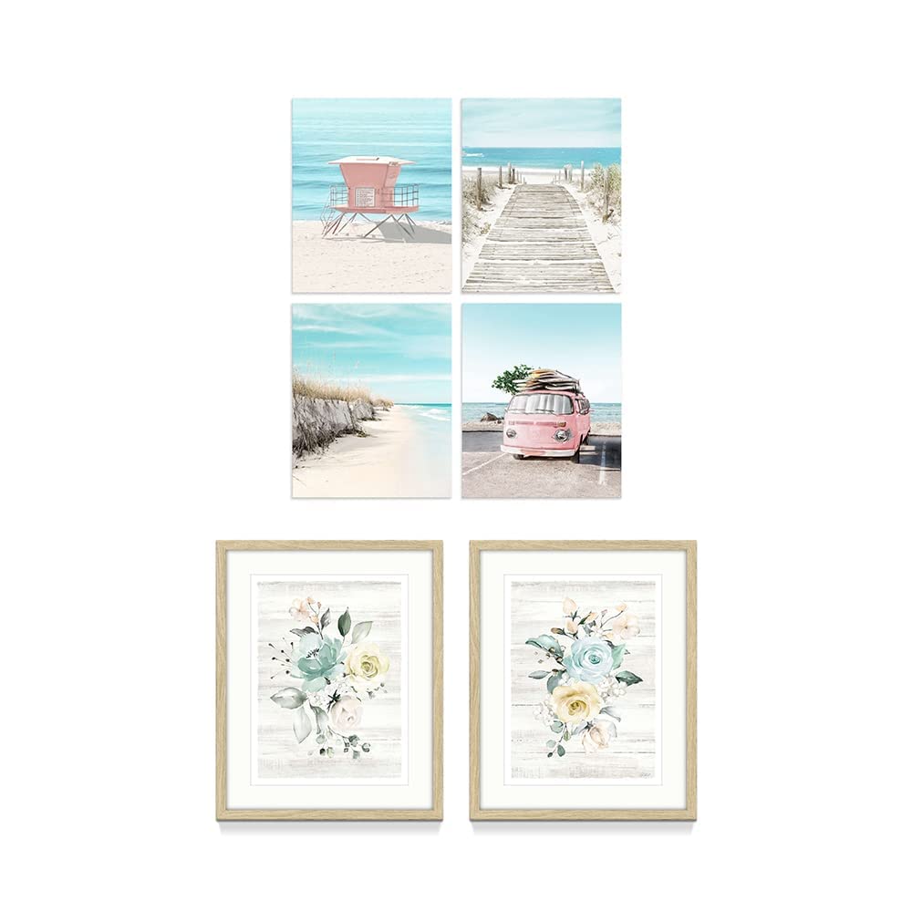 Wooden Framed Rose Floral Wall Art Set of 2 & Coastal Beach Prints Set of 4 - Perfect for Living Room, Bedroom, Office Decor | Floral Bouquet & Pink Van Seaside Posters