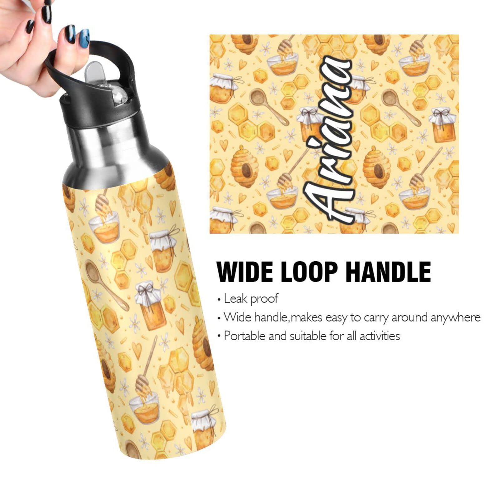Custom Personalized 20oz Honey Bee Insulated Water Bottle with Straw Lid - Leakproof Stainless Steel Sports Bottle for Hiking, Gym, Outdoor Activities & Daily Use