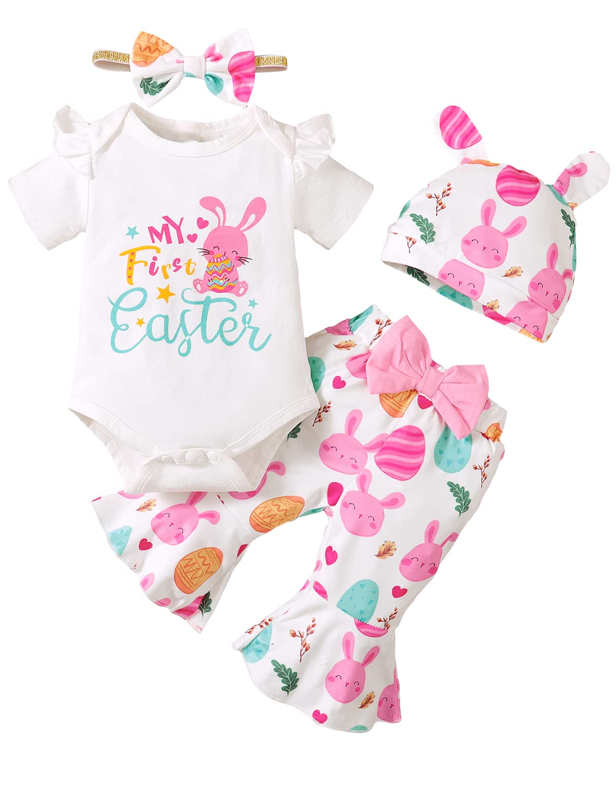 Baby Girls' First Easter Outfit - Newborn Easter Bodysuit & Egg Print Flare Pants Set - Perfect for Easter Photos, Church, and Family Gatherings