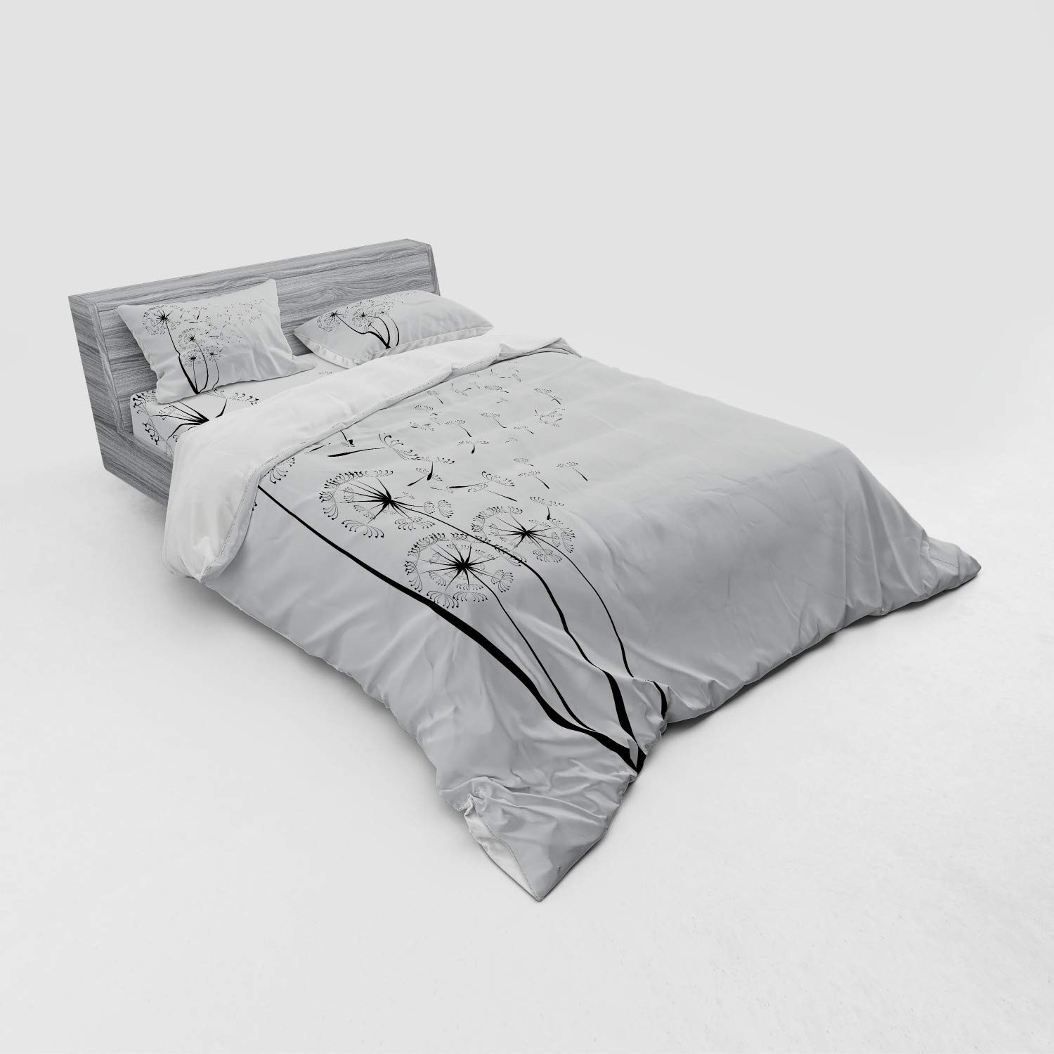 Ambesonne Dandelion Duvet Cover Set - Monochrome Floral Design with Blowing Dandelions, 3-Piece Queen Size Bedding Set Includes Sham & Fitted Sheet in White Charcoal Grey - Perfect for Bohemian Bedroom Decor, Guest Room Makeover or Romantic Themed Bedroom
