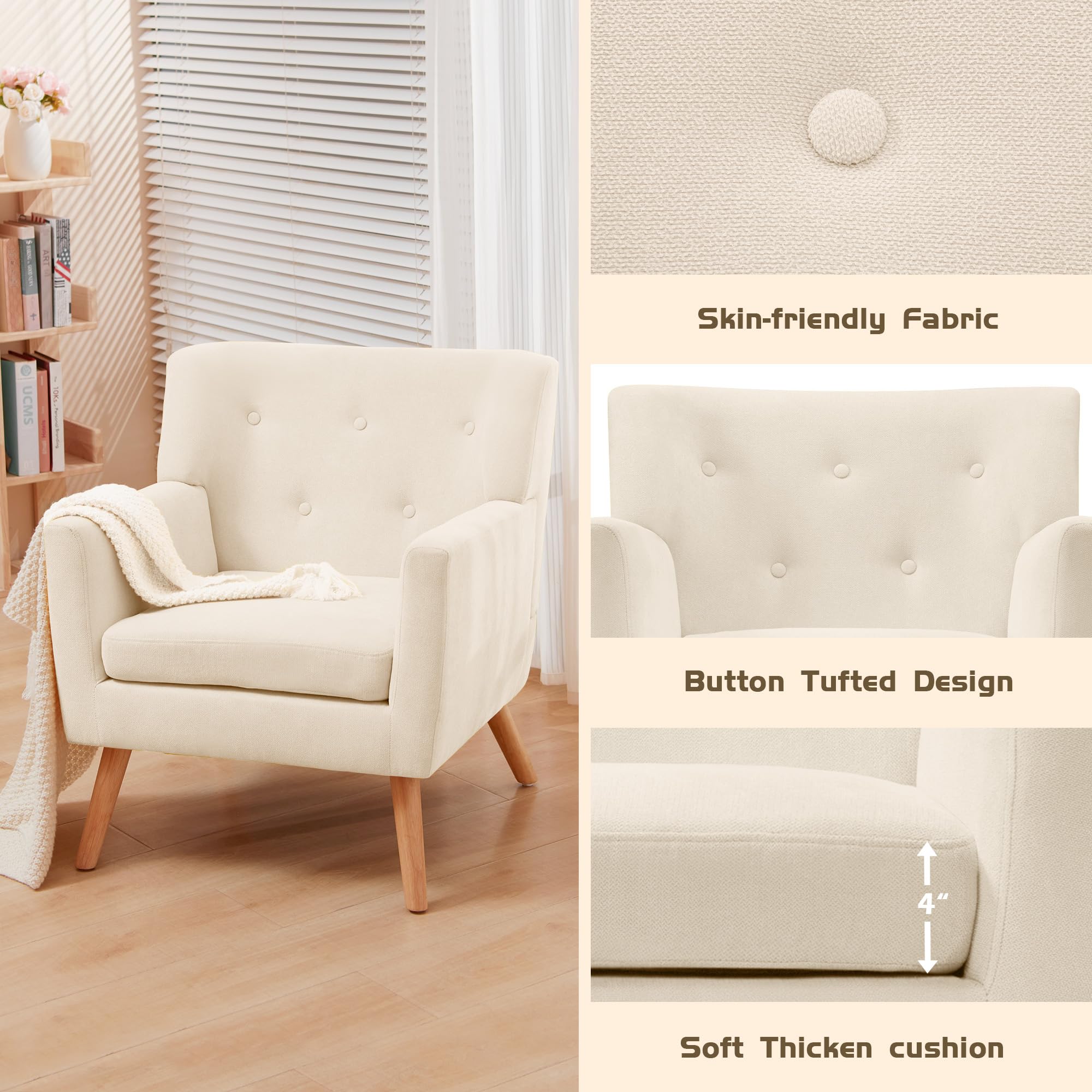 Prilinex Mid-Century Modern Accent Chair - Button Tufted Upholstered Armchair with Cushion, Comfortable Fabric Living Room & Bedroom Chair in Beige | Perfect for Reading Nooks, Lounge Areas & Waiting Rooms