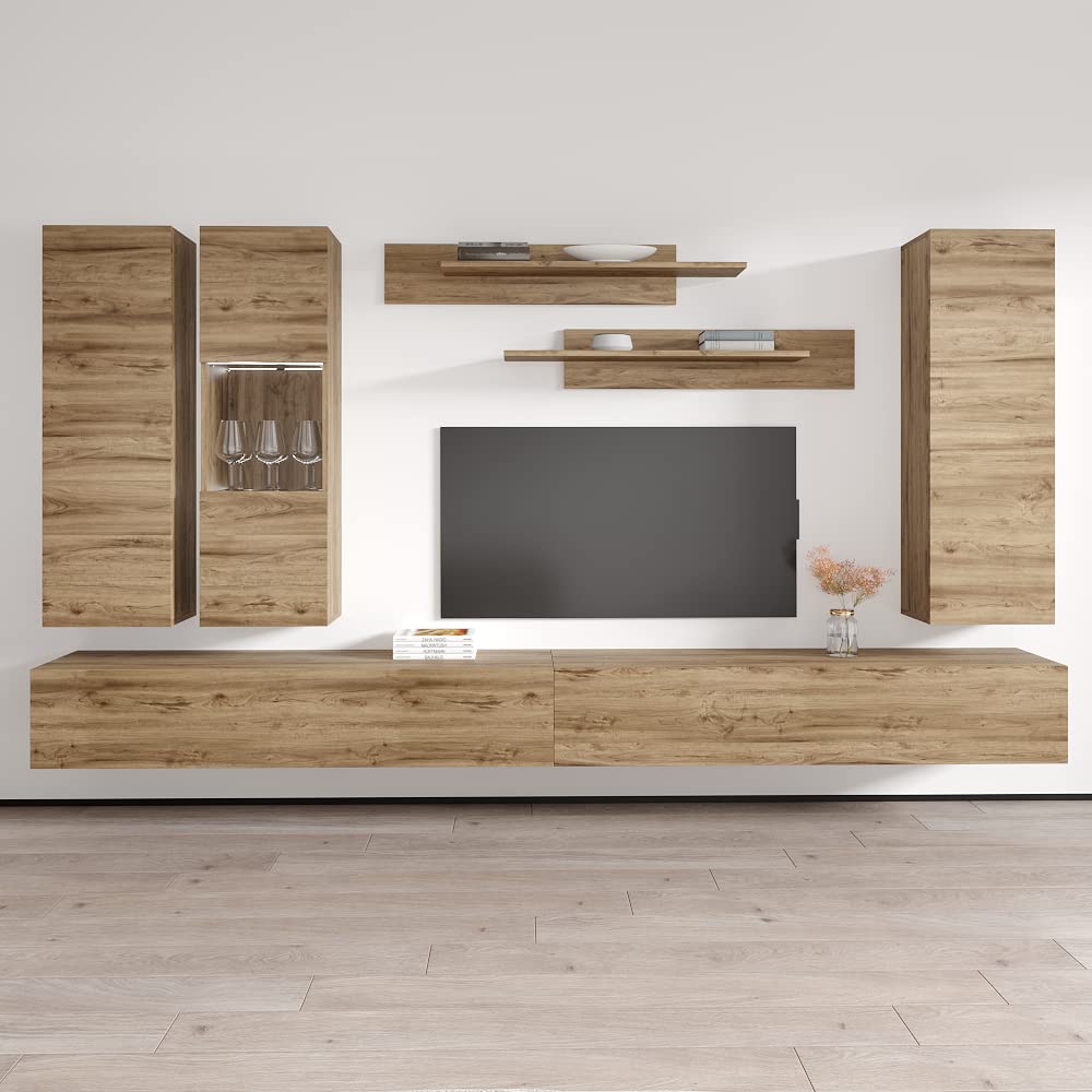 Modern Floating TV Stand with Storage & LED Lights - Wall-Mounted Entertainment Center Console for Bedroom & Living Room - Oak Wood TV Cabinet with Shelves - Perfect for Small Spaces & Home Theater Setup