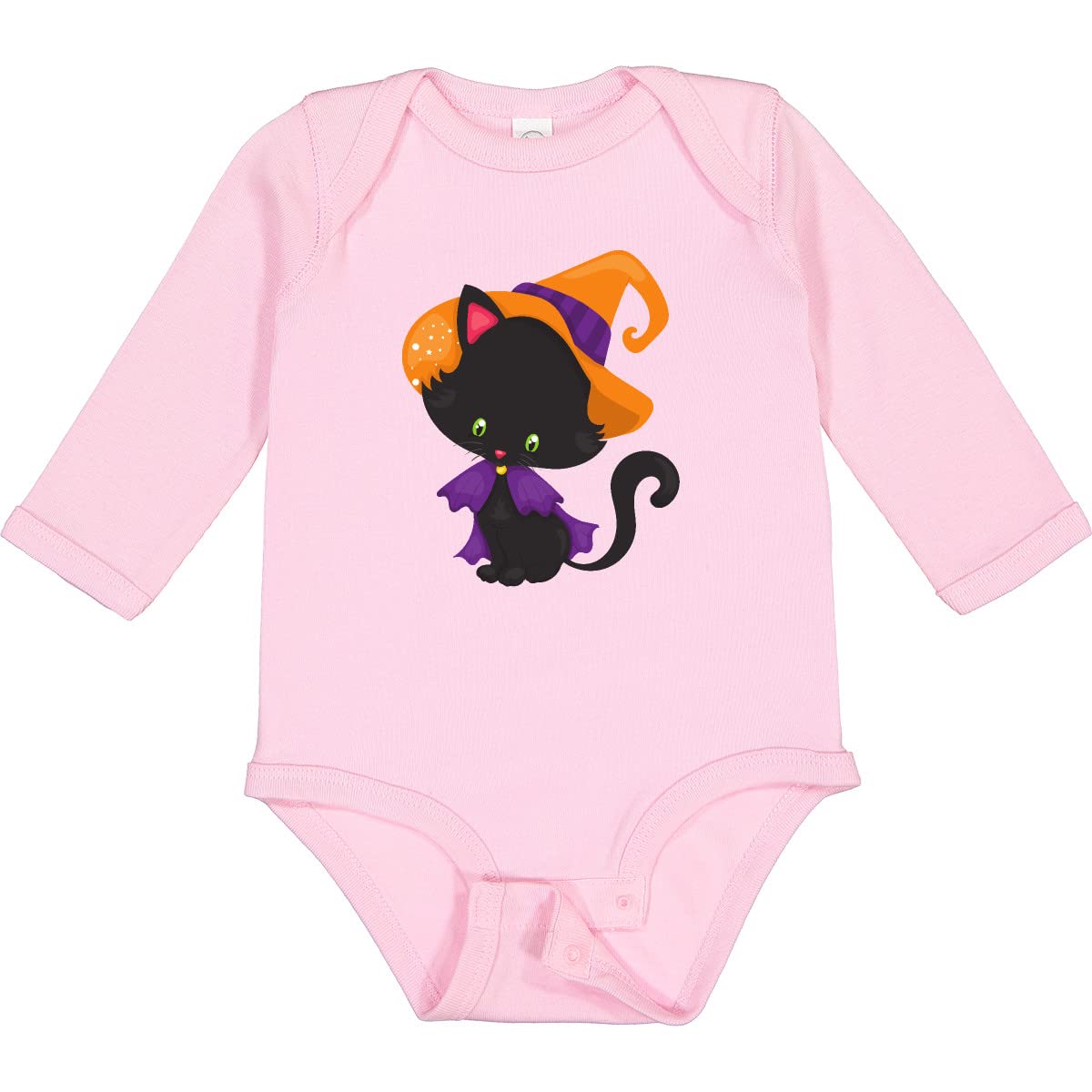 Inktastic Halloween Cat T-Shirt - Cute Black Cat with Witch Hat Long Sleeve Creeper for Women | Spooky Halloween Party Outfit, Costume Cosplay, Fall Festival Apparel