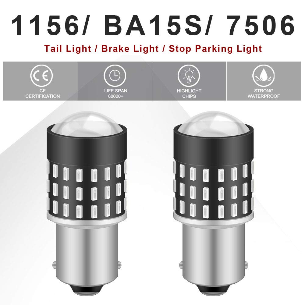 1156 BA15S LED Bulbs - 3014SMD 54-EX Chipsets with Lens Projector - Super Bright 1095 7506 Backup Reverse Lights - Compatible with Tail Lights, Brake Lights, Stop Parking Lights - 12-24V DC - Red (Pack of 2) - Perfect for Trucks, SUVs, Cars & Motorcycle Safety Lighting Upgrades