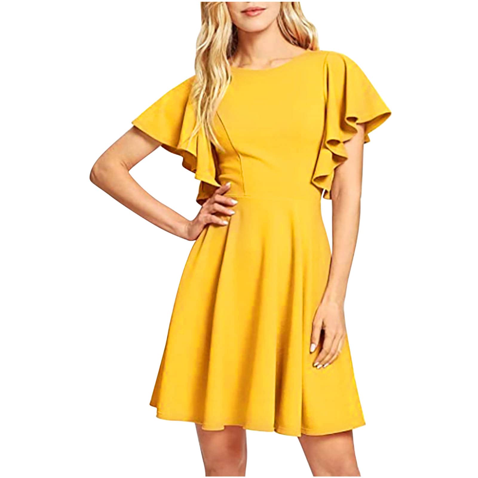 Blczomt Women's Summer Dress - Solid Round Neck Ruffle Sleeve T-Shirt Dress, Casual Loose A-Line Flowy Mini Sun Dress for Beach, Vacation & Outdoor Activities