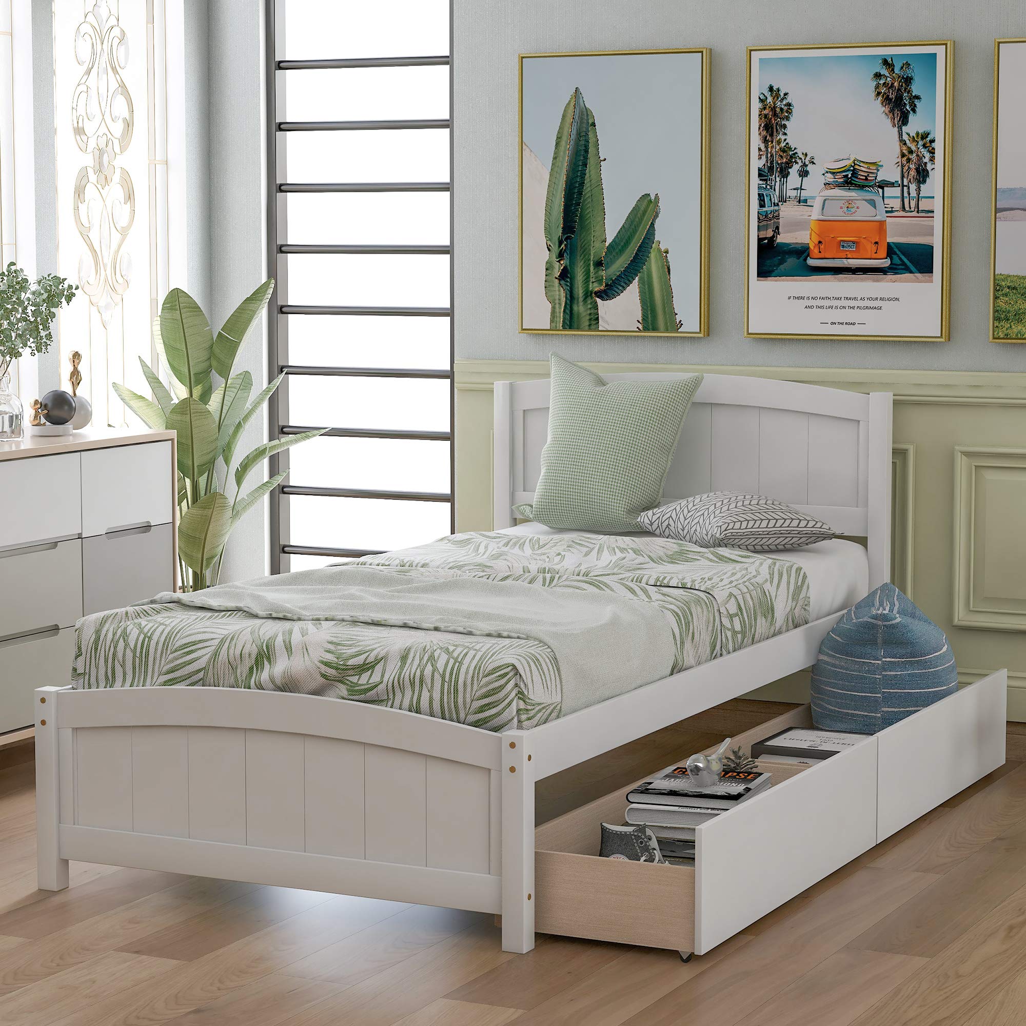 LZ LEISURE ZONE Twin Size Bed Frame with Storage Drawers, Wooden Platform Bed with Headboard & Footboard - White | Sturdy Slat Support for Bedrooms, Guest Rooms & Small Spaces
