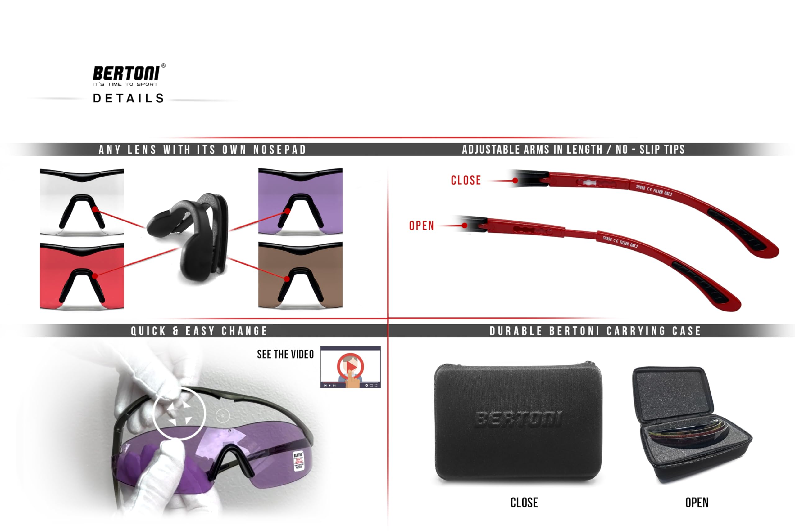 Bertoni SH898 Tactical Shooting Glasses - 4 Interchangeable Anti-Fog Lenses with Carrying Case | Protective Safety Eyewear for Trap Shooting, Hunting & Outdoor Sports