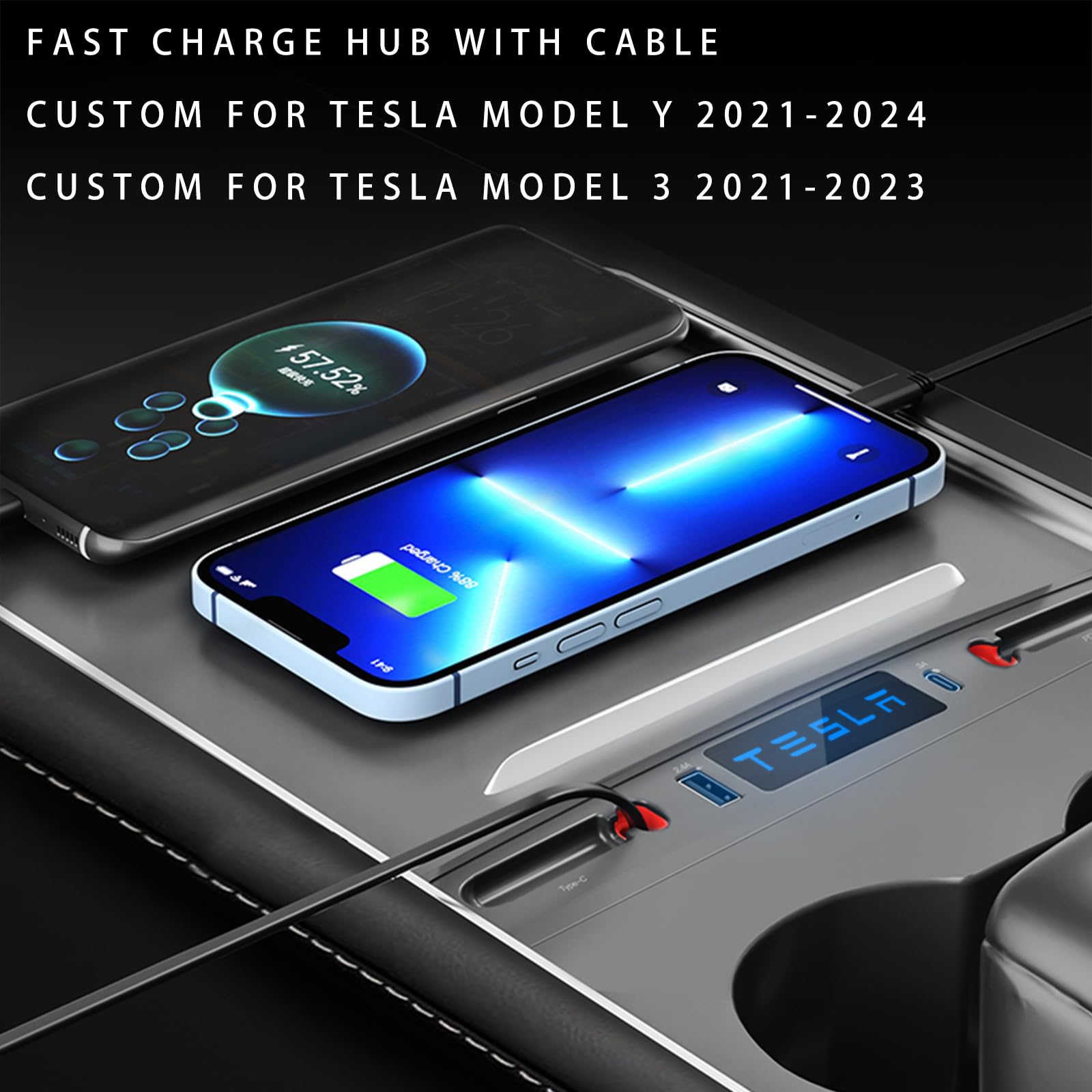 Tesla USB Hub with Fast Charging & Cable Adapter - Compatible with Tesla Model 3/Y (2021-2023) - Center Console Docking Station for Interior Accessories - iPhone Charging Support - Silver Gray - Perfect for Road Trips & Daily Commutes
