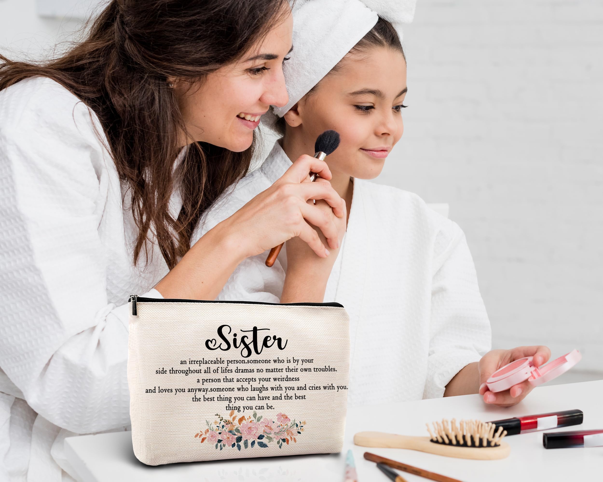KDQUA Sister Makeup Bag - Best Gifts for Sisters, Big Sister Little Sister Friendship Gift - Linen Cosmetic Zipper Pouch, Travel Toiletry Organizer - Perfect for Birthday, Christmas & Travel (Inspirational Sister Gifts for Women)