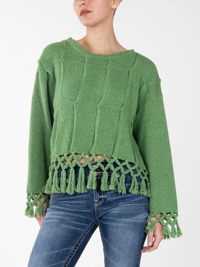 Miss Me MSW0421L Women's Knitted Fringe Sweater - Green Cozy Pullover for Fall & Winter | Perfect for Casual Outings, Date Nights & Holiday Gatherings