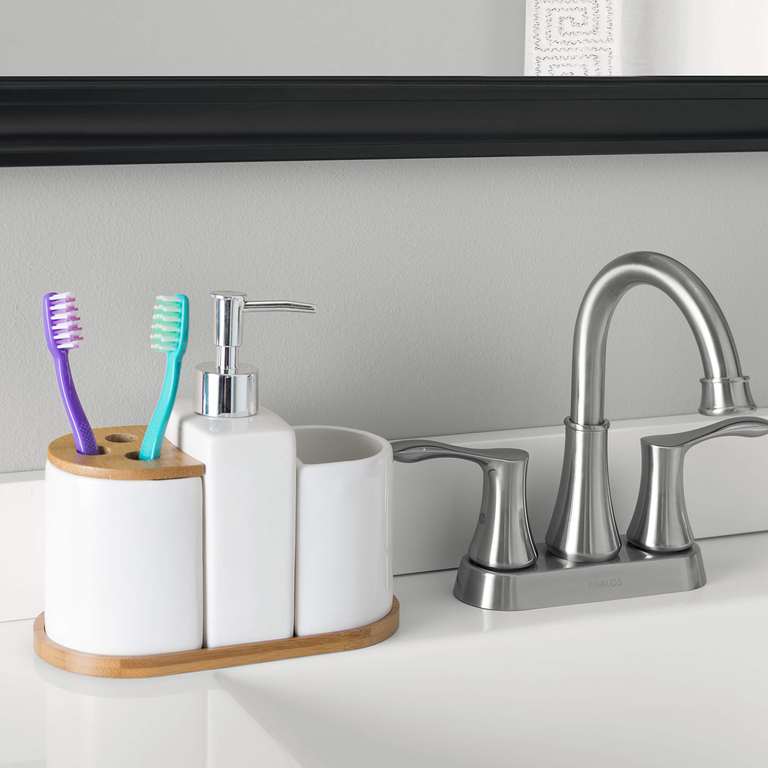 Home Basics 4-Piece Ceramic Bamboo Bathroom Set in White - Perfect for Modern Bathrooms, Spa-Like Showers & Guest Bathroom Decor