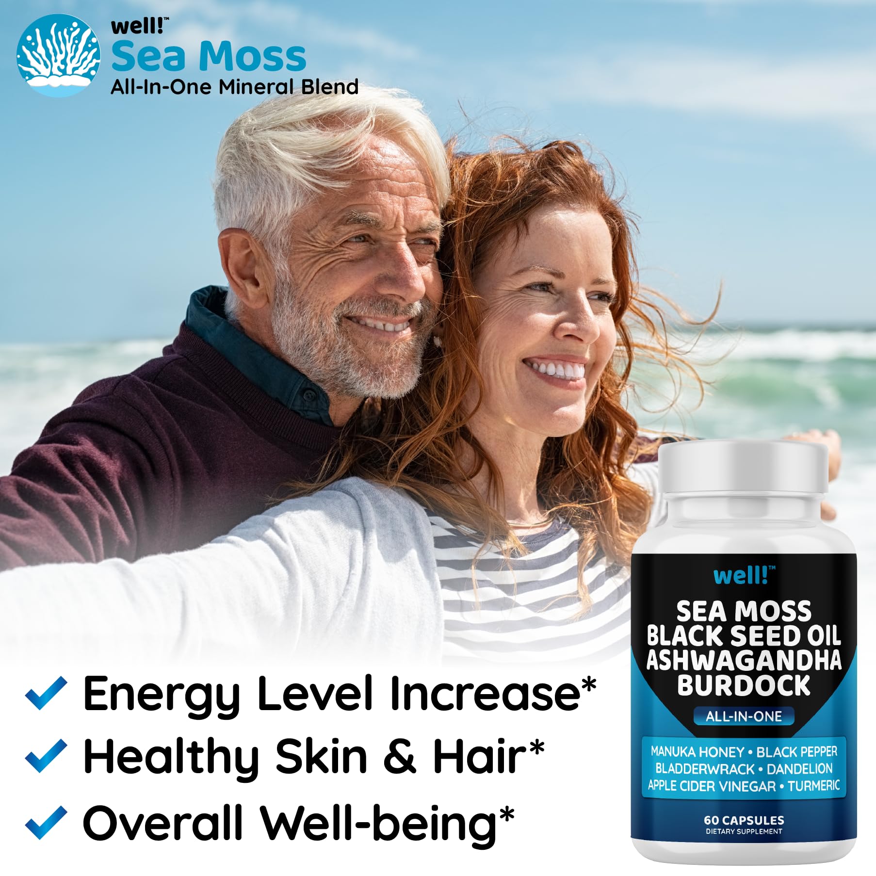 Sea Moss 3000mg, Black Seed Oil 2000mg, Ashwagandha 1000mg with Bladderwrack & Maca Root - Turmeric, Manuka Honey, Dandelion & Black Pepper Superfood Supplement for Immune Support, Energy Boost & Stress Relief - Perfect for Daily Wellness & Detox