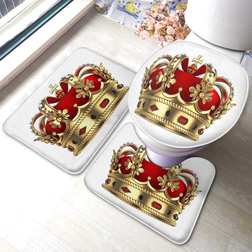 Luxury Royal Gold Crown 3-Piece Bathroom Rug Set - Non-Slip King/Queen Size Bath Mats with U-Shaped Contour & Toilet Lid Cover - Elegant Monarchy Red for Master Bathroom & Guest Bath Decor