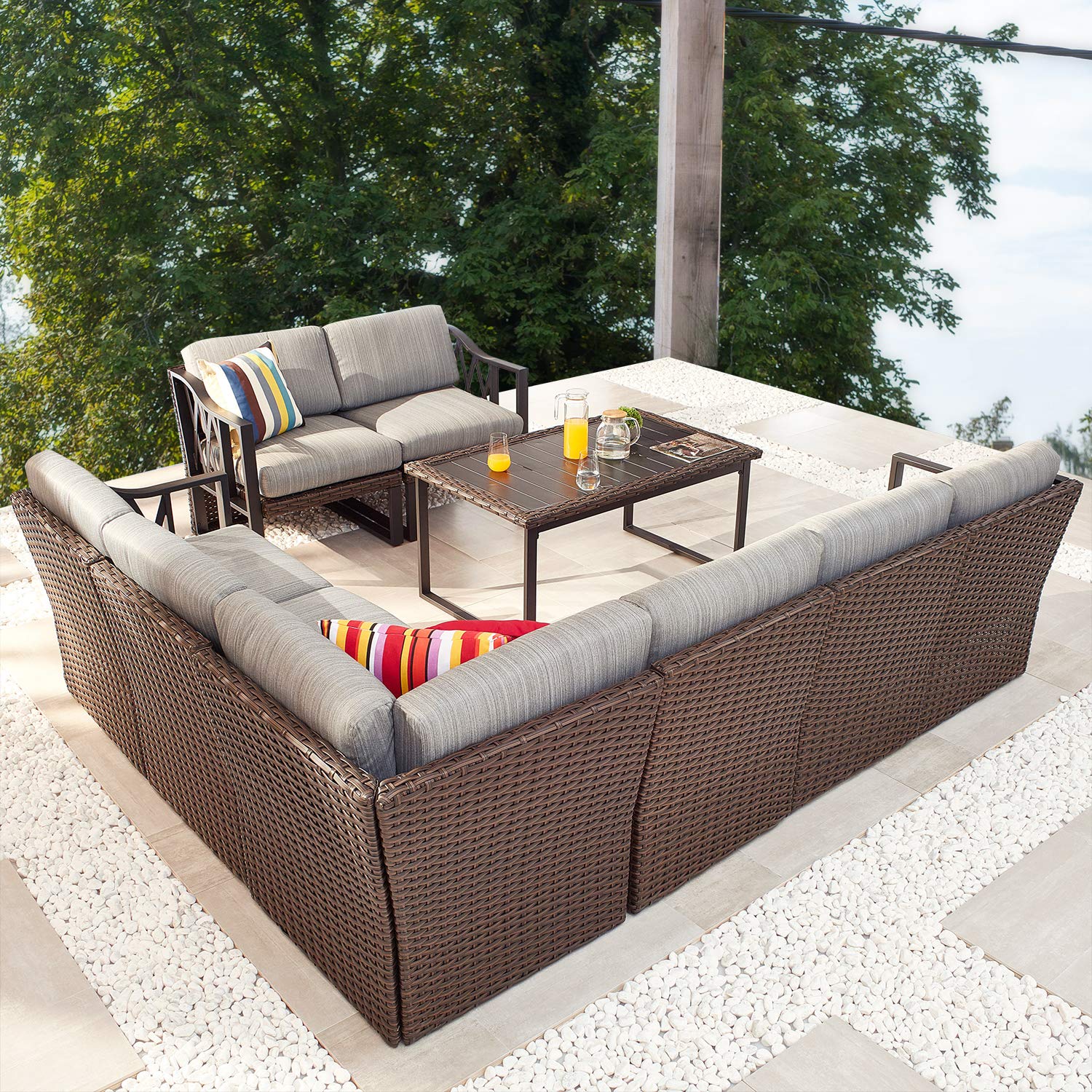 PatioFestival 9-Piece Modular Outdoor Wicker Conversation Set with Thick Olefin Cushions - Waterproof Patio Furniture Sofa for Garden, Poolside & Backyard Relaxation