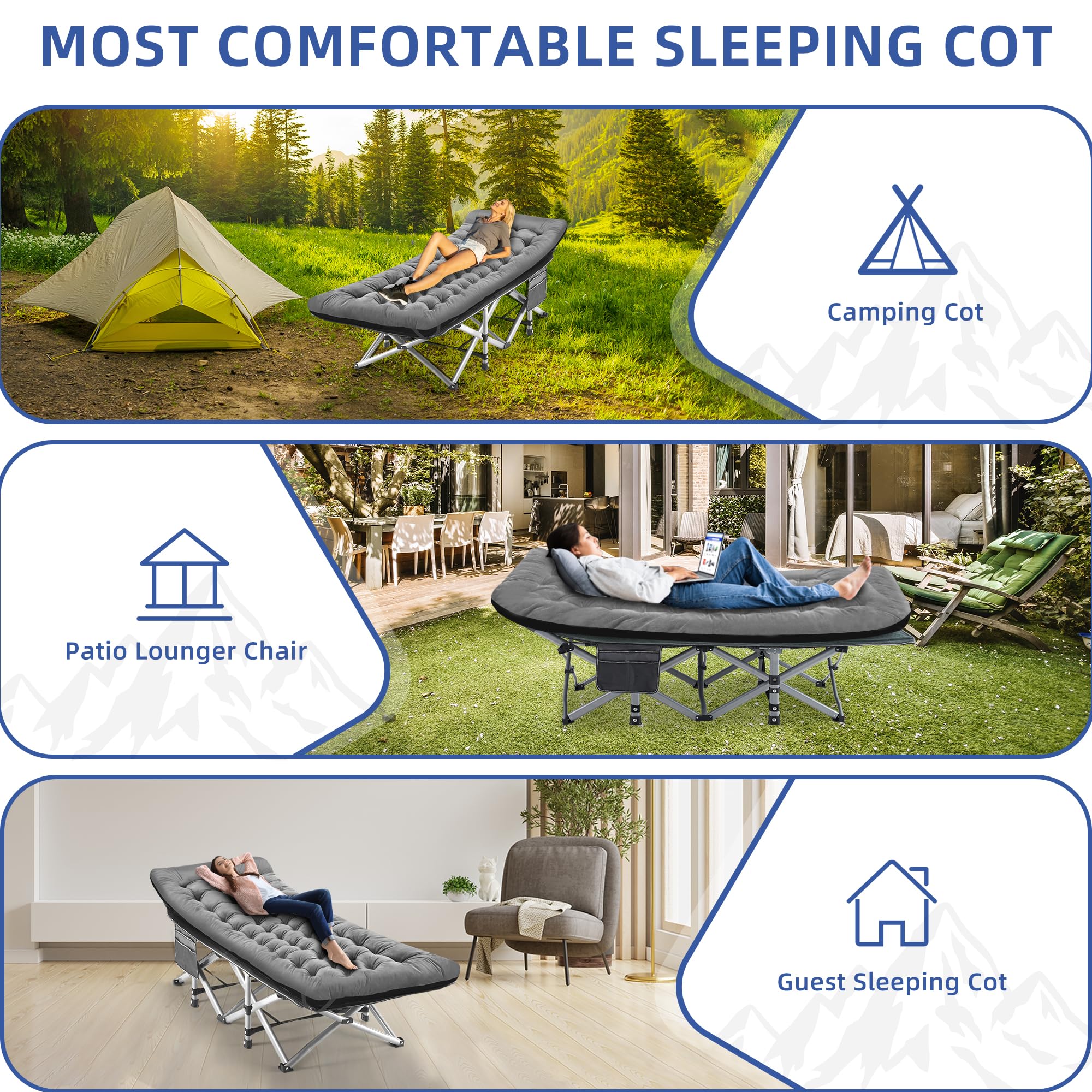 Heavy Duty Camping Cot for Adults - Portable Folding Cot with Mattress, Pillow & Carry Bag - 1200D Double Layer Oxford Fabric - Supports 600 lbs - Grey & Black - Perfect for Camping, Backpacking, Emergency Preparedness & Outdoor Adventures