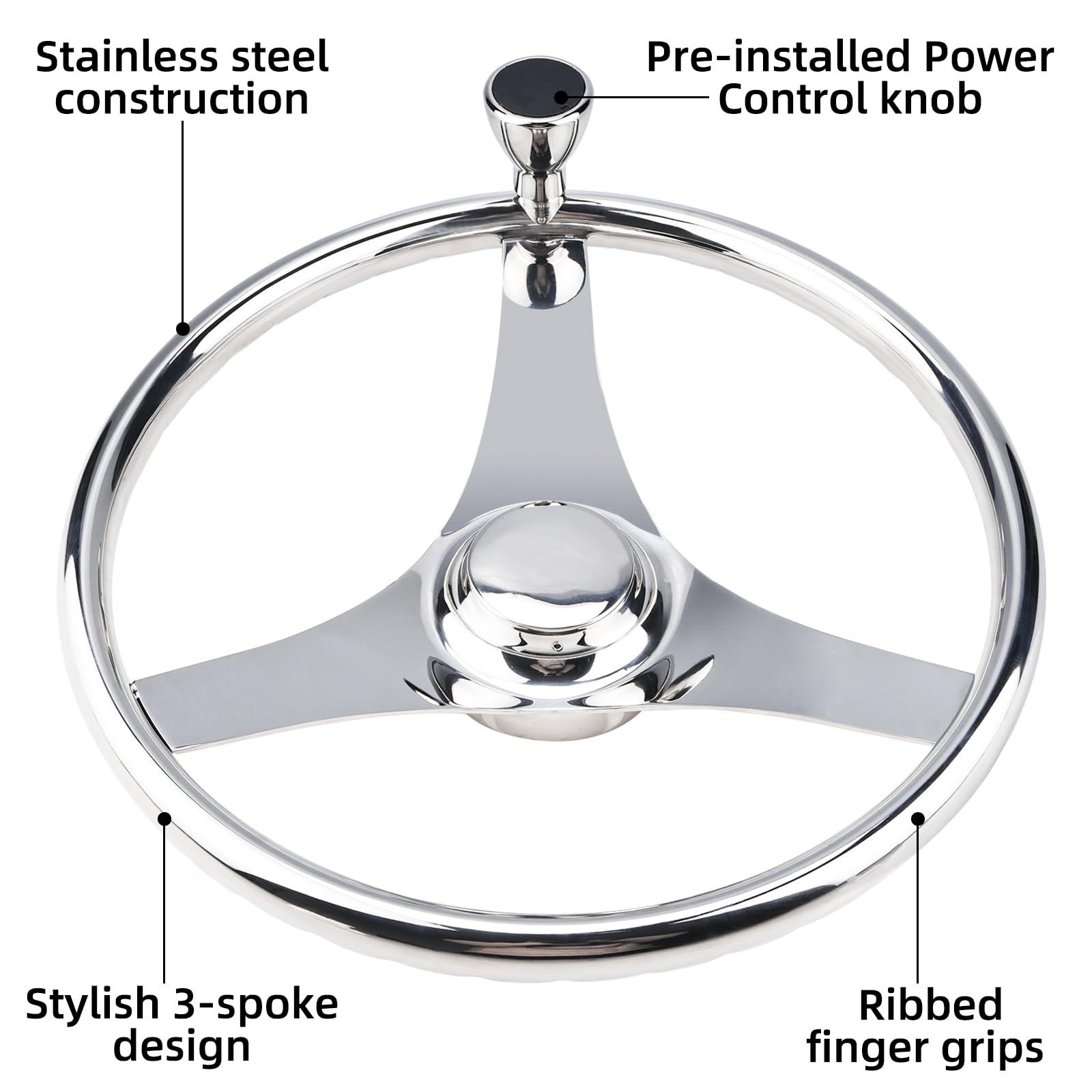 YaeMarine 13.5 Inch Stainless Steel Marine Boat Steering Wheel - 3 Spoke Sports Design with Finger Grips, Control Knob & Cap | Perfect for Sailboats, Yachts & Powerboats