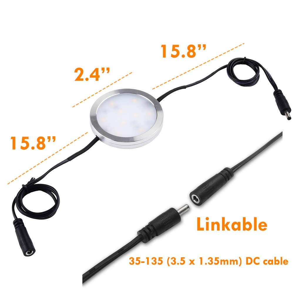 LED Under Cabinet Lighting Linkable Kit - Wireless Dimmable Puck Lights with RF Remote Control, 110V to 12V Direct Wired (12 or 6 Lights) - Warm White for Kitchen, Closet, Shelf, and Display Case Lighting