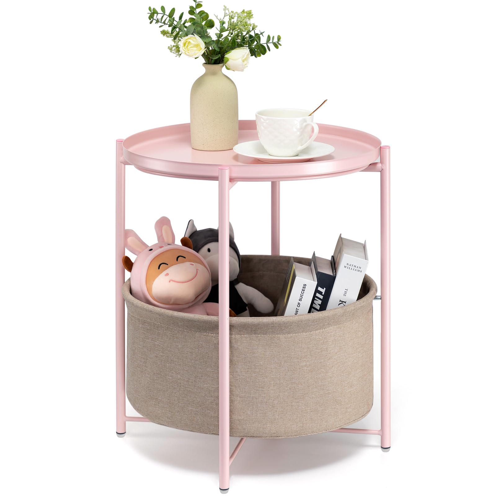 Round Side Table with Fabric Storage Basket - Small Metal Bedside Nightstand with Removable Tray Top - Perfect for Living Room, Bedroom, Nursery & Laundry - Light Pink Home Decor Accent Table