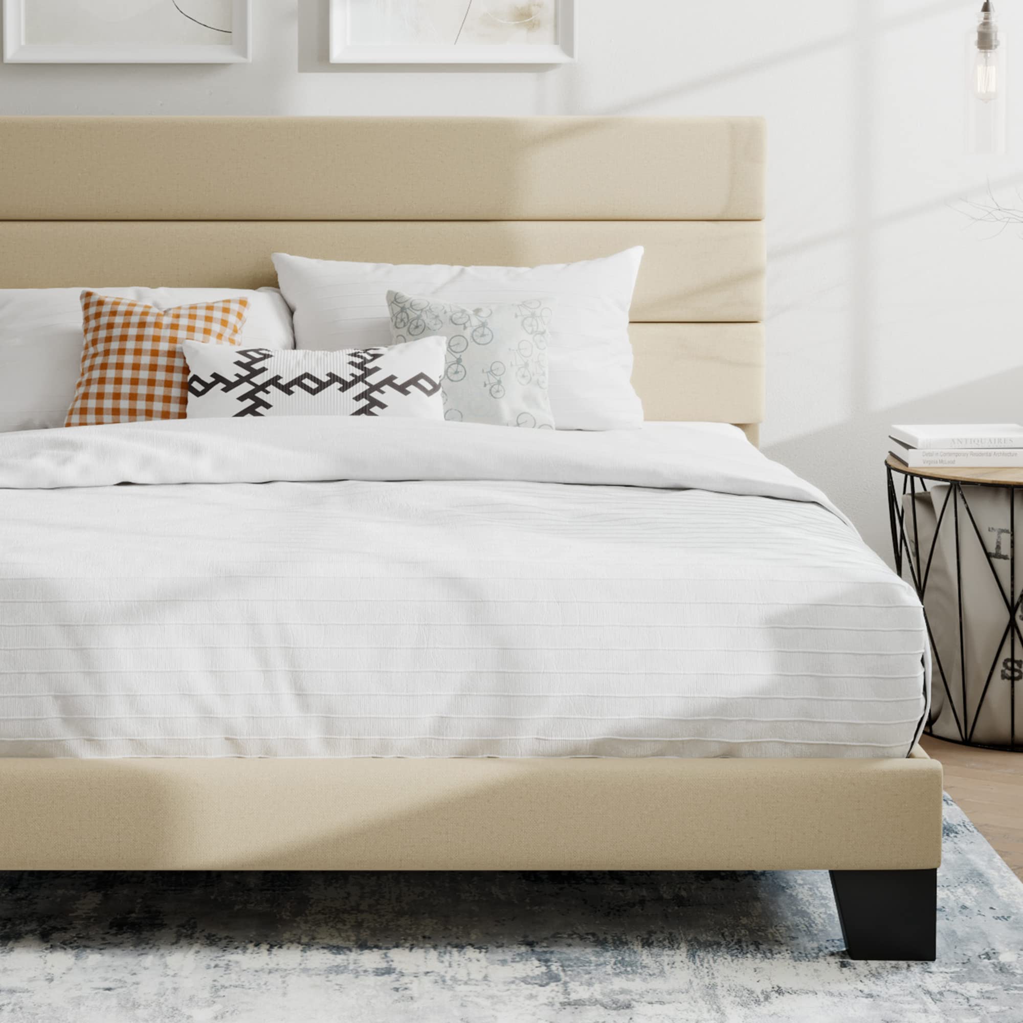 SHA CERLIN King Size Upholstered Fabric Platform Bed Frame with Wooden Slats Support - No Box Spring Needed, Beige - Perfect for Modern Bedrooms & Guest Rooms